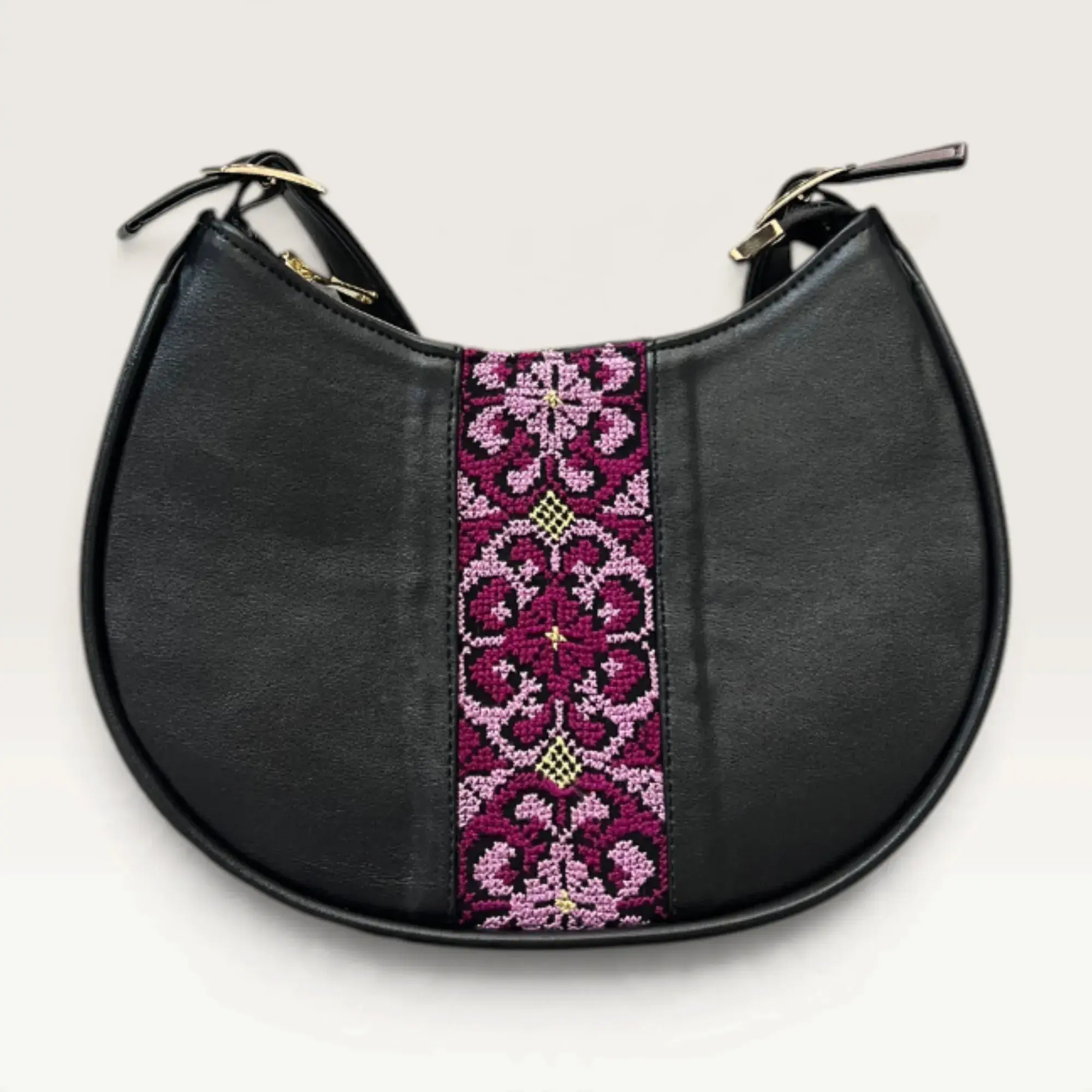 Black Half-Moon Shoulder Bag with magenta floral medallion embroidery