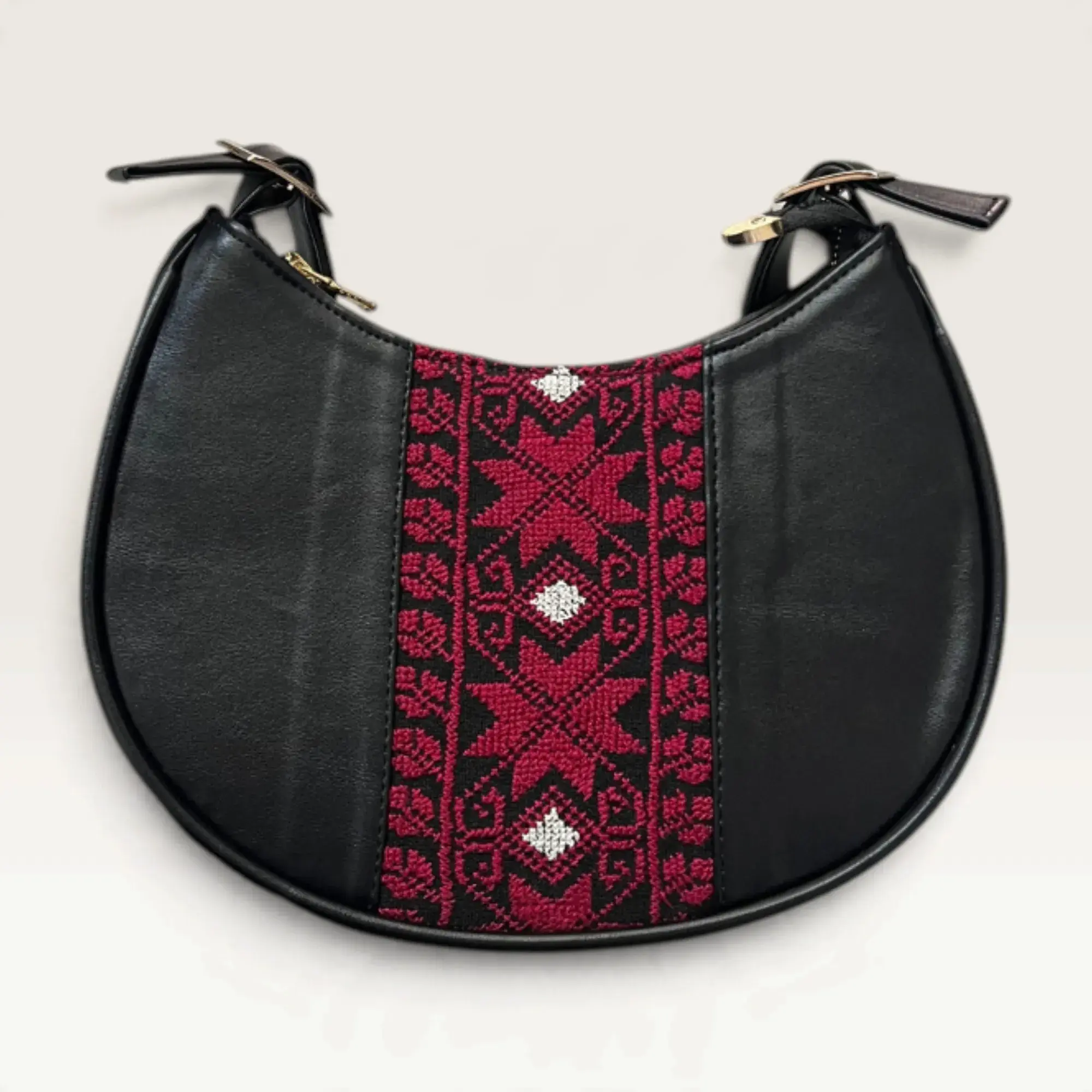 Black Half-Moon Shoulder Bag with red star and diamond embroidery