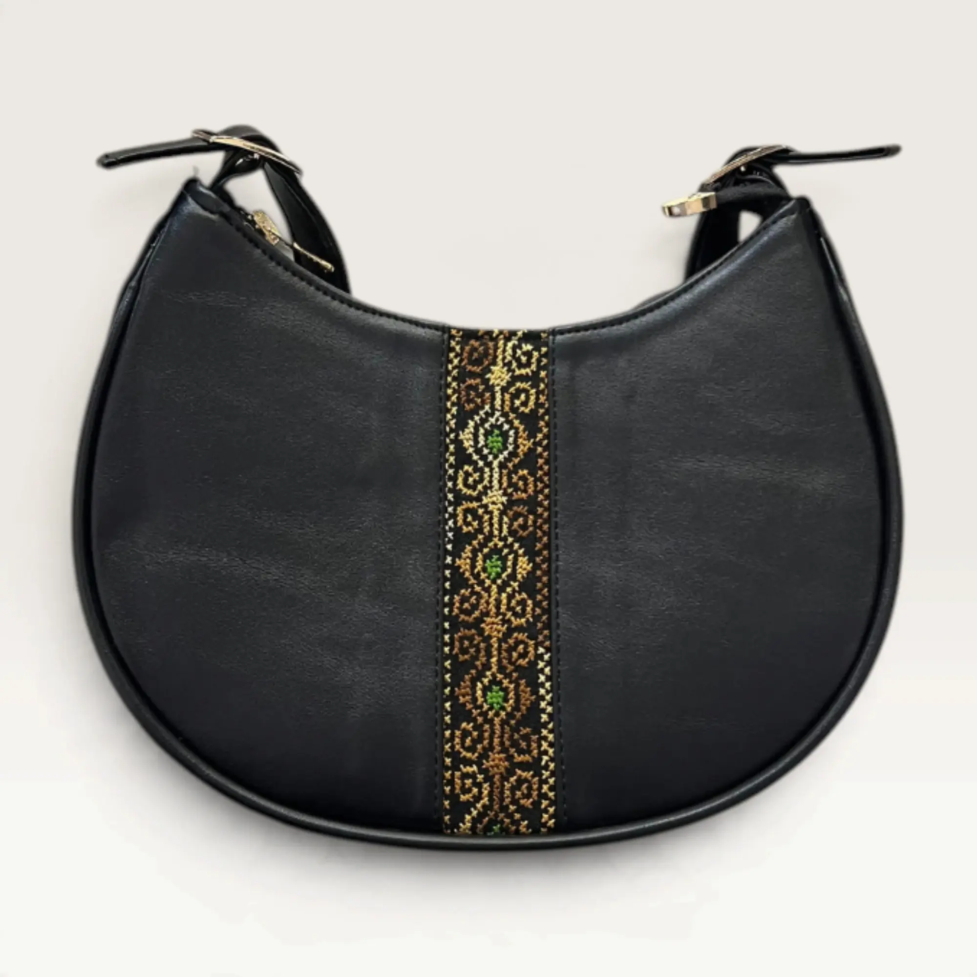 Black Half-Moon Shoulder Bag with narrow gold and green geometric band