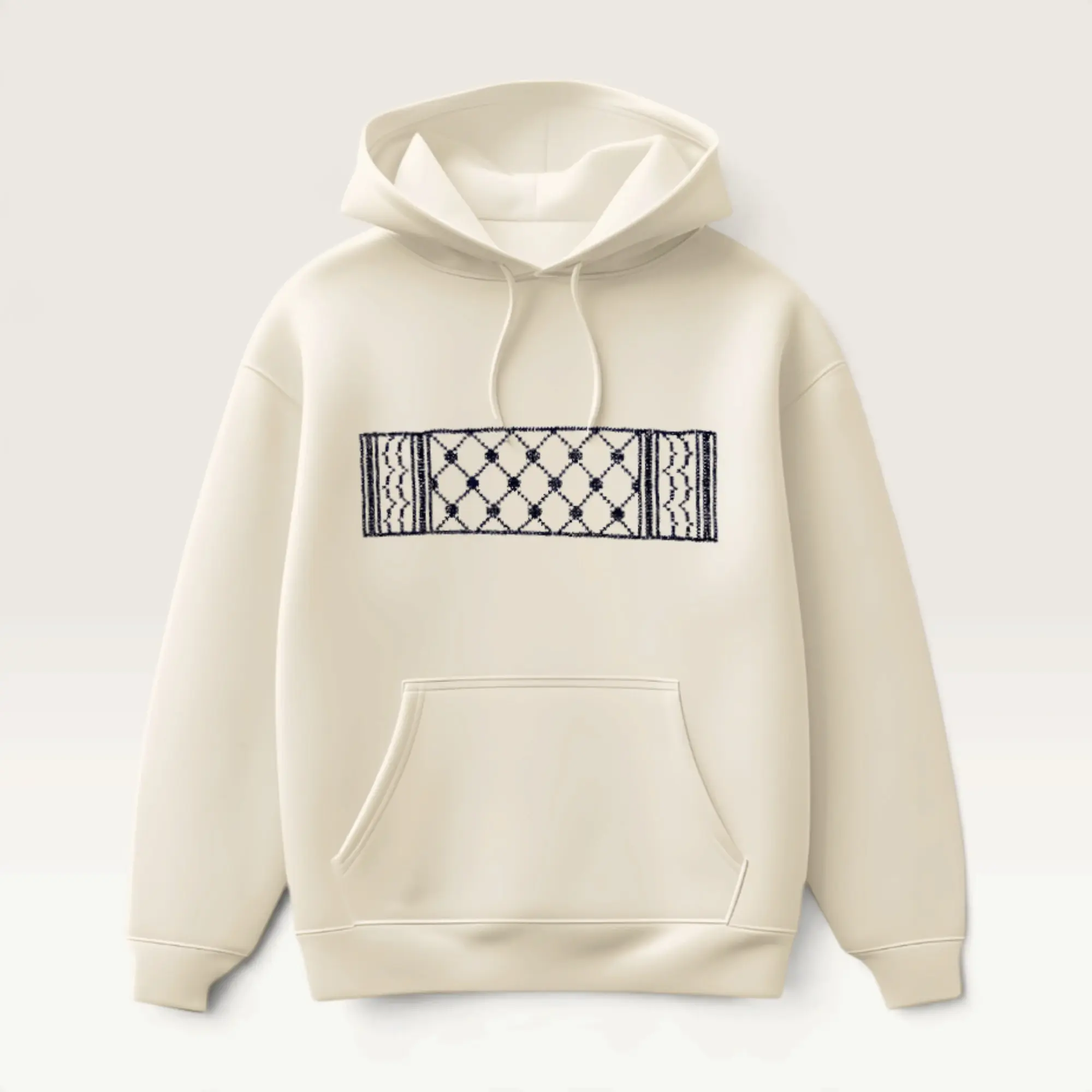 Hand-Embroidered Ivory Hoodie with Keffiyeh Panel