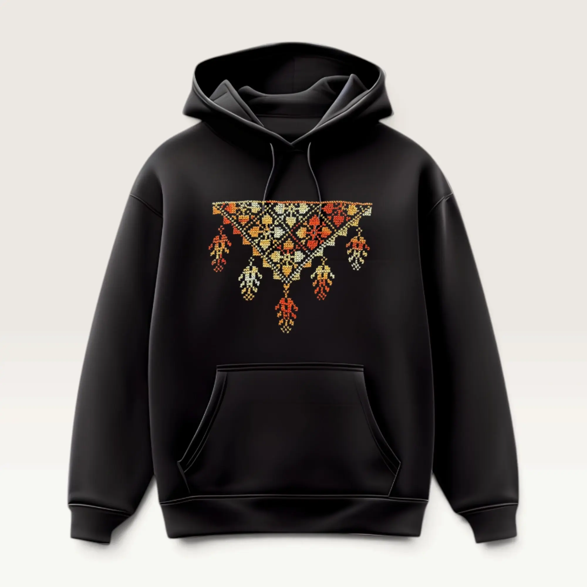 Hand-Embroidered Black Hoodie with Gold and Red Heritage Motif