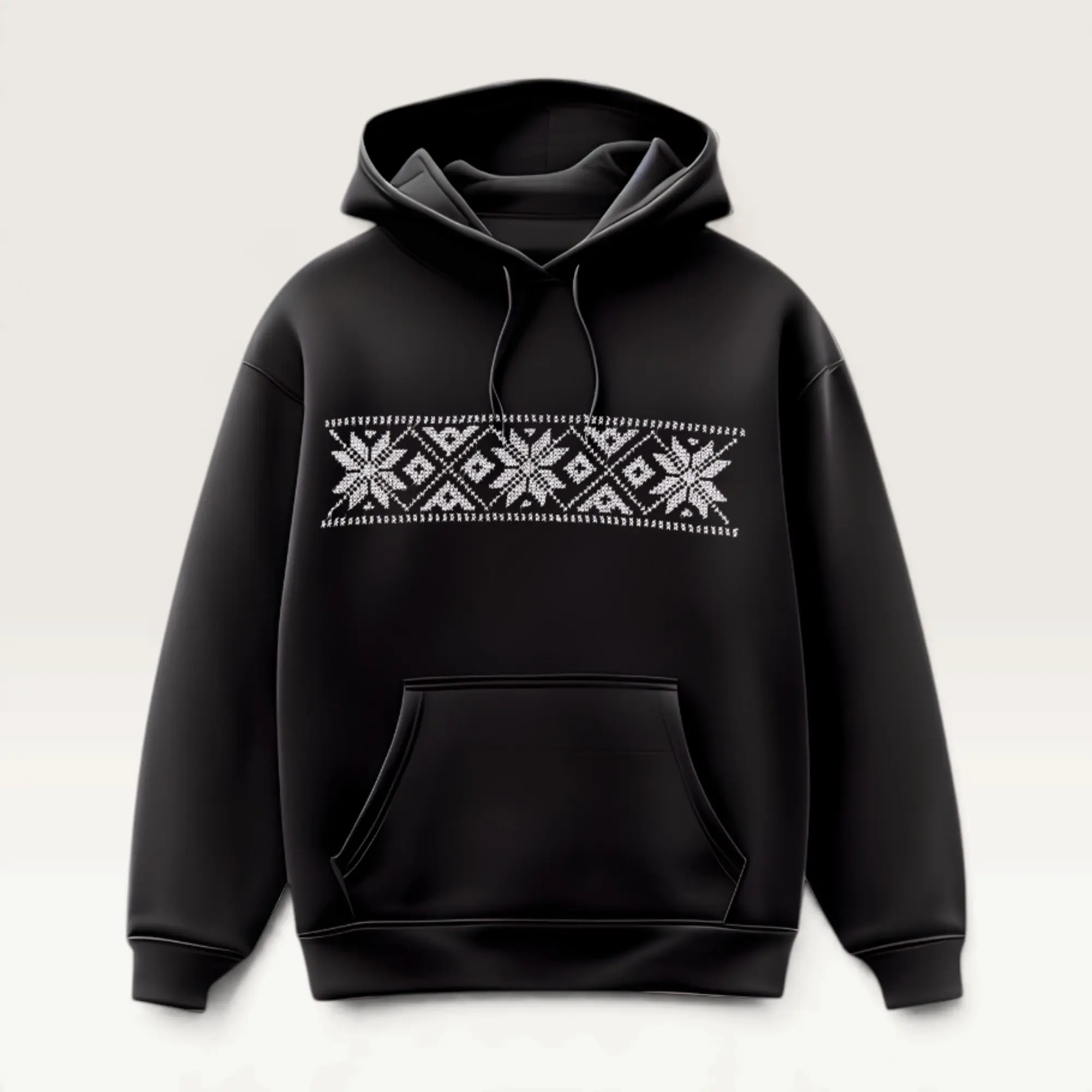 Hand-Embroidered Black Hoodie with White Heritage Band