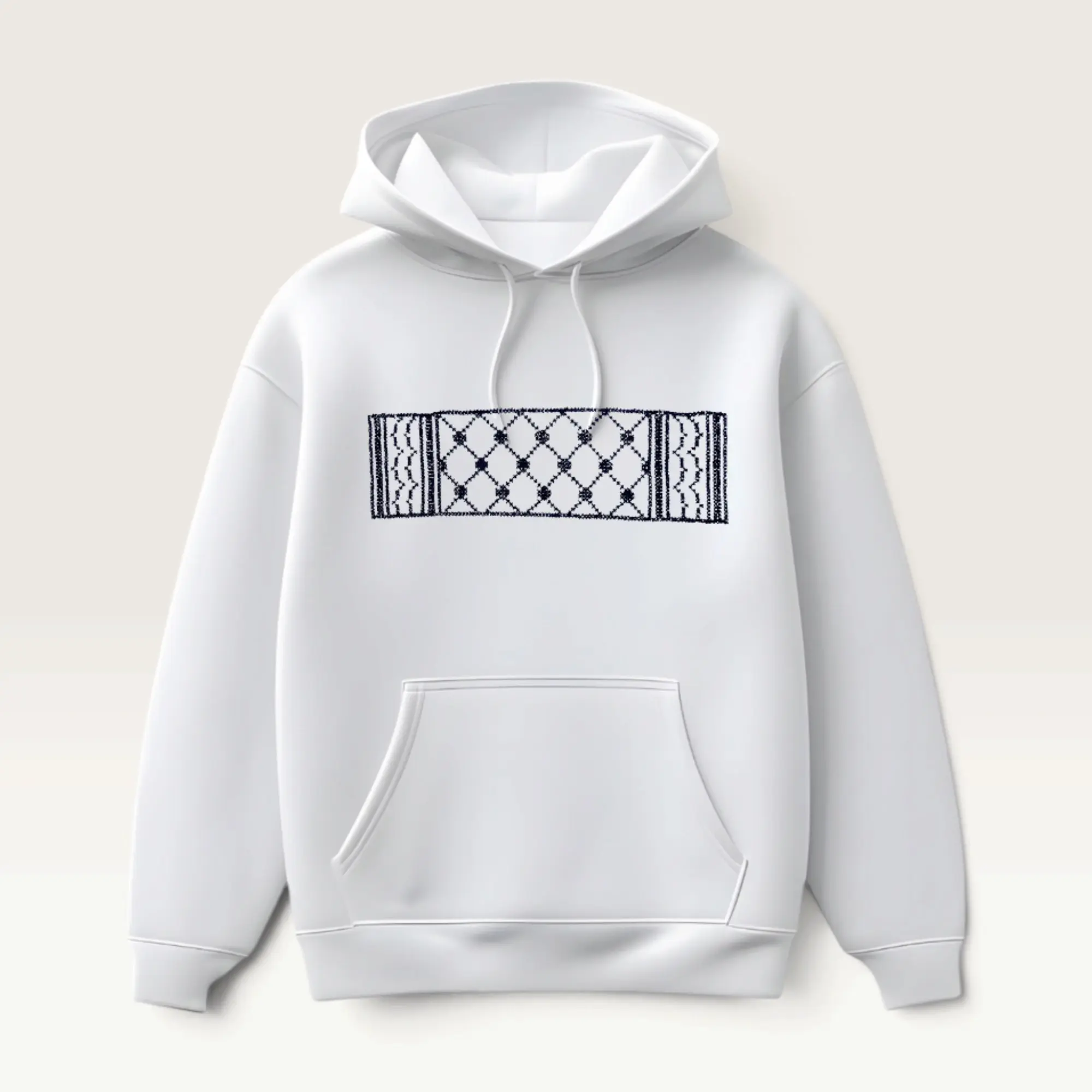 Hand-Embroidered White Hoodie with Keffiyeh Panel