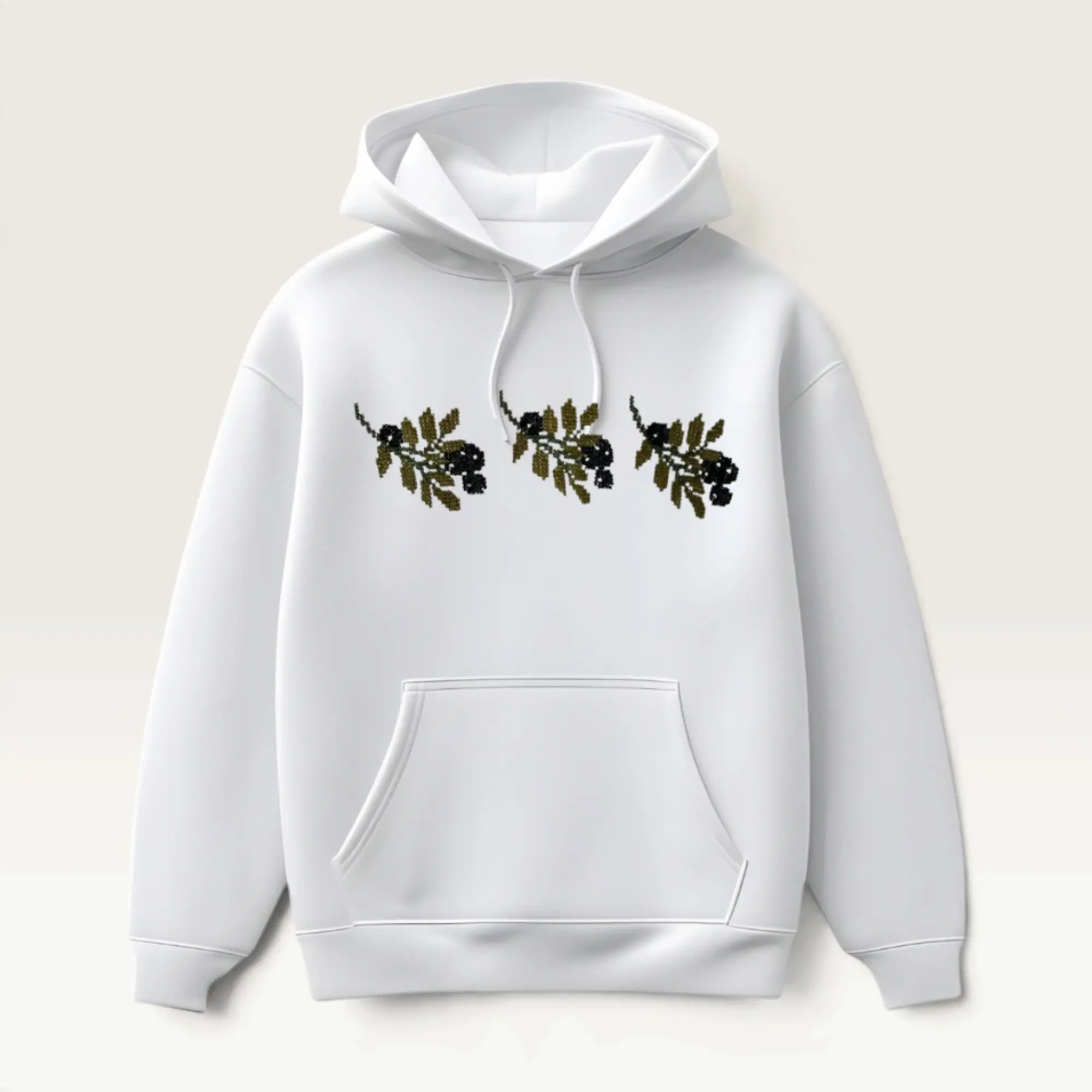 Hand-Embroidered White Hoodie with Olive Branch Motif