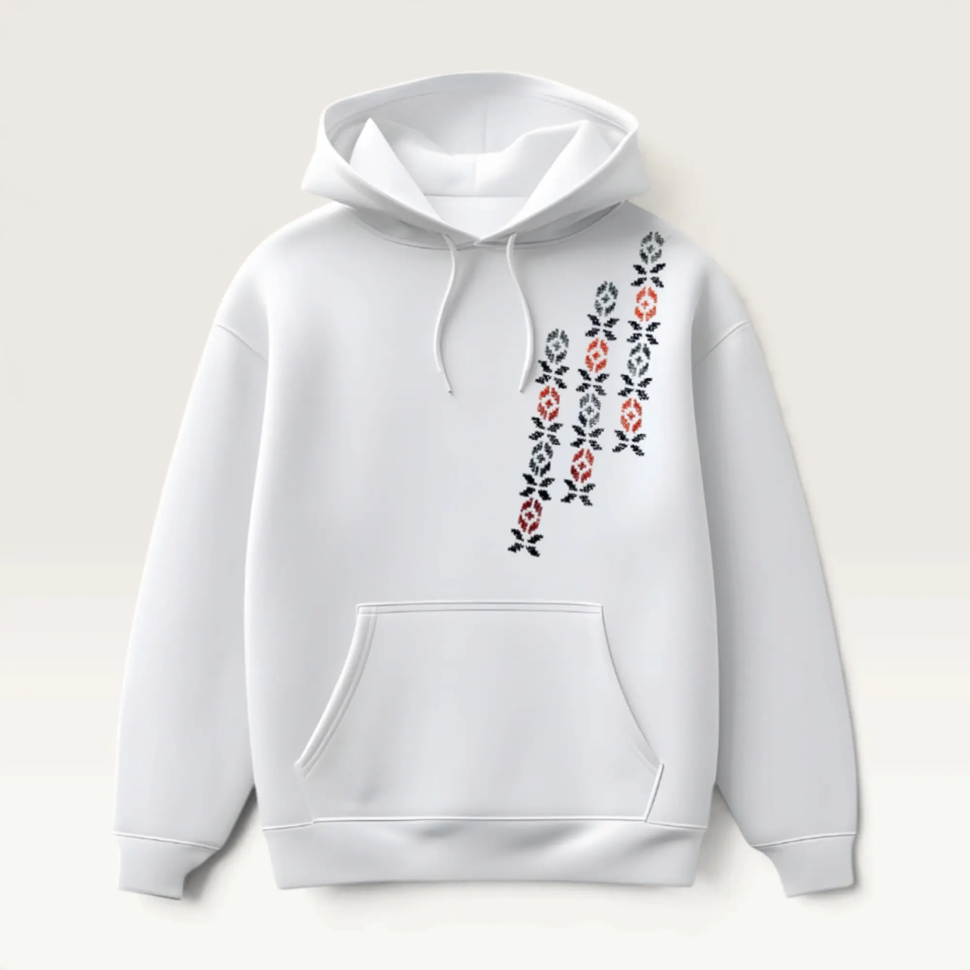 Hand-Embroidered White Hoodie with Vertical Heritage Motif