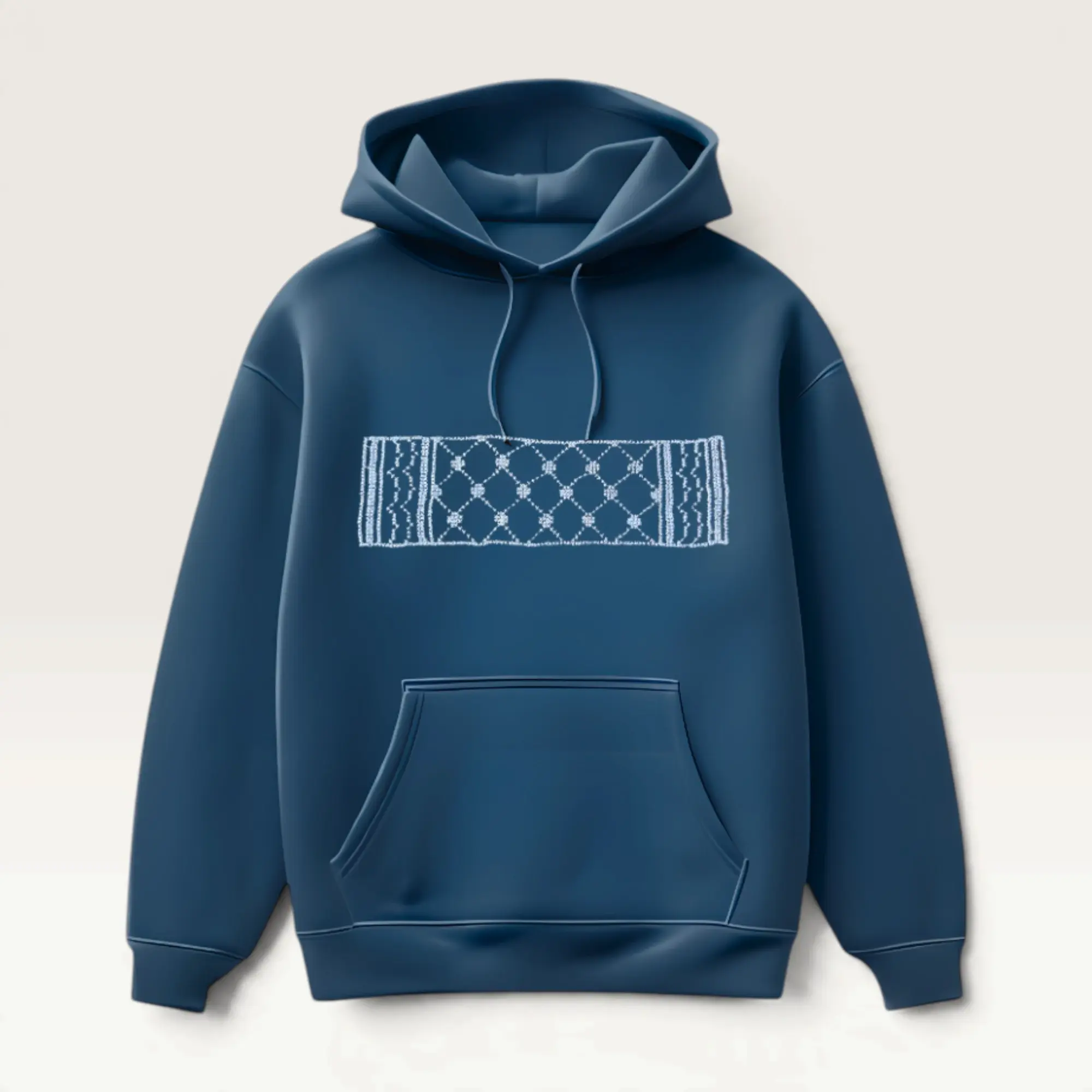 Hand-Embroidered Navy Blue Hoodie with Keffiyeh Panel