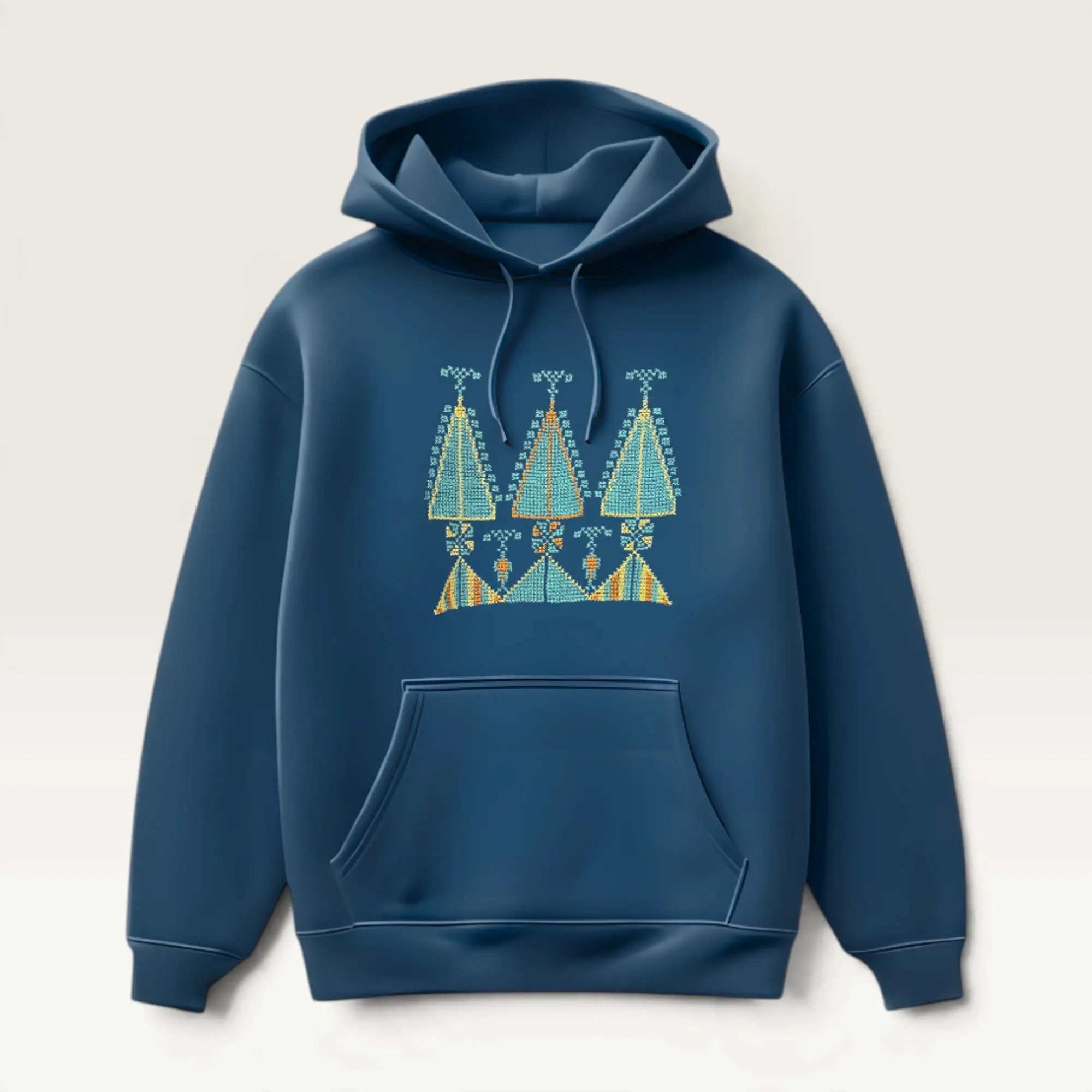 Hand-Embroidered Navy Blue Hoodie with Turquoise Heritage Motif