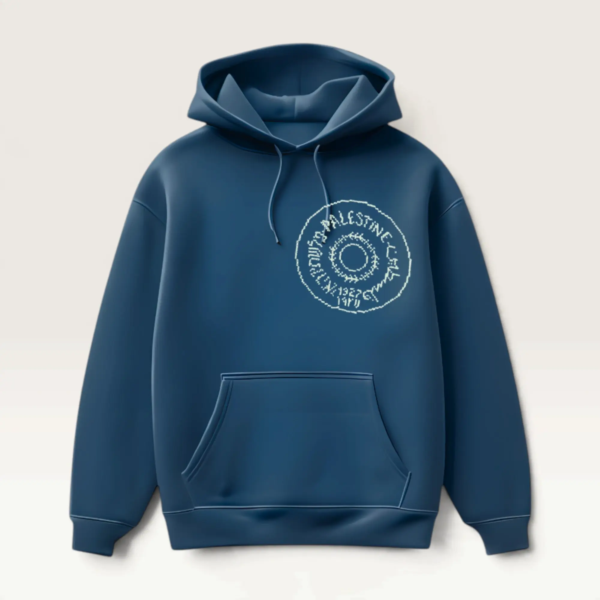 Hand-Embroidered Navy Blue Hoodie with Palestine Emblem