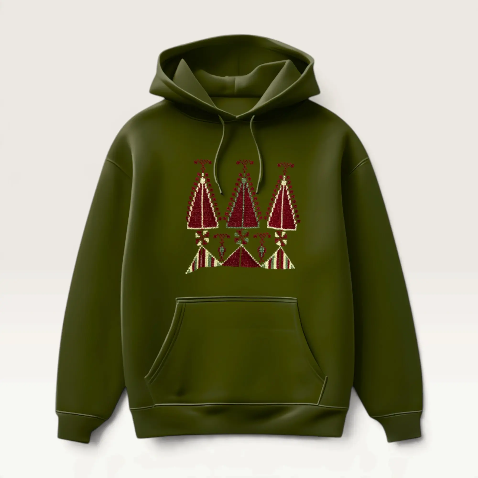 Hand-Embroidered Dark Green Hoodie with Burgundy Heritage Motif