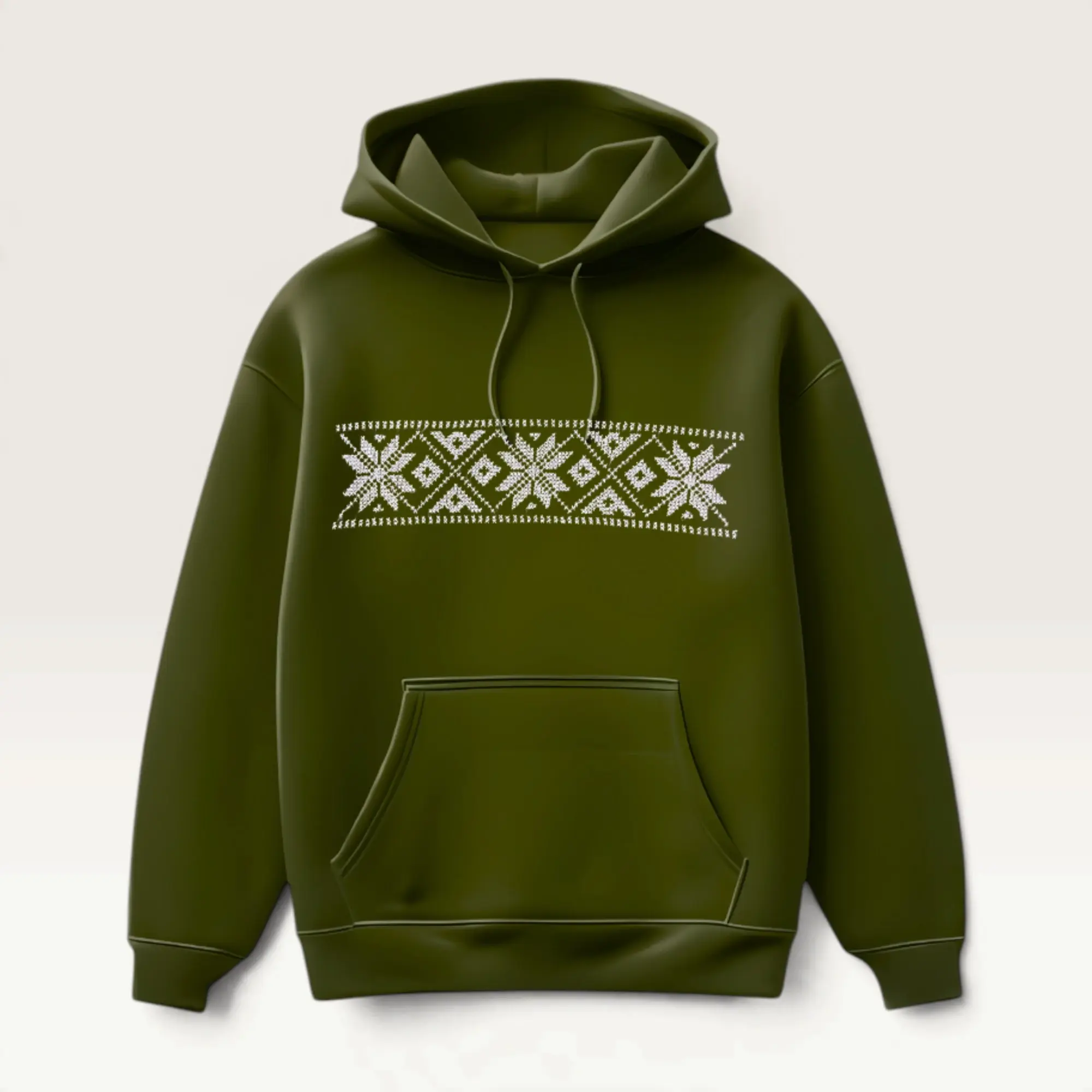 Hand-Embroidered Dark Green Hoodie with White Heritage Band