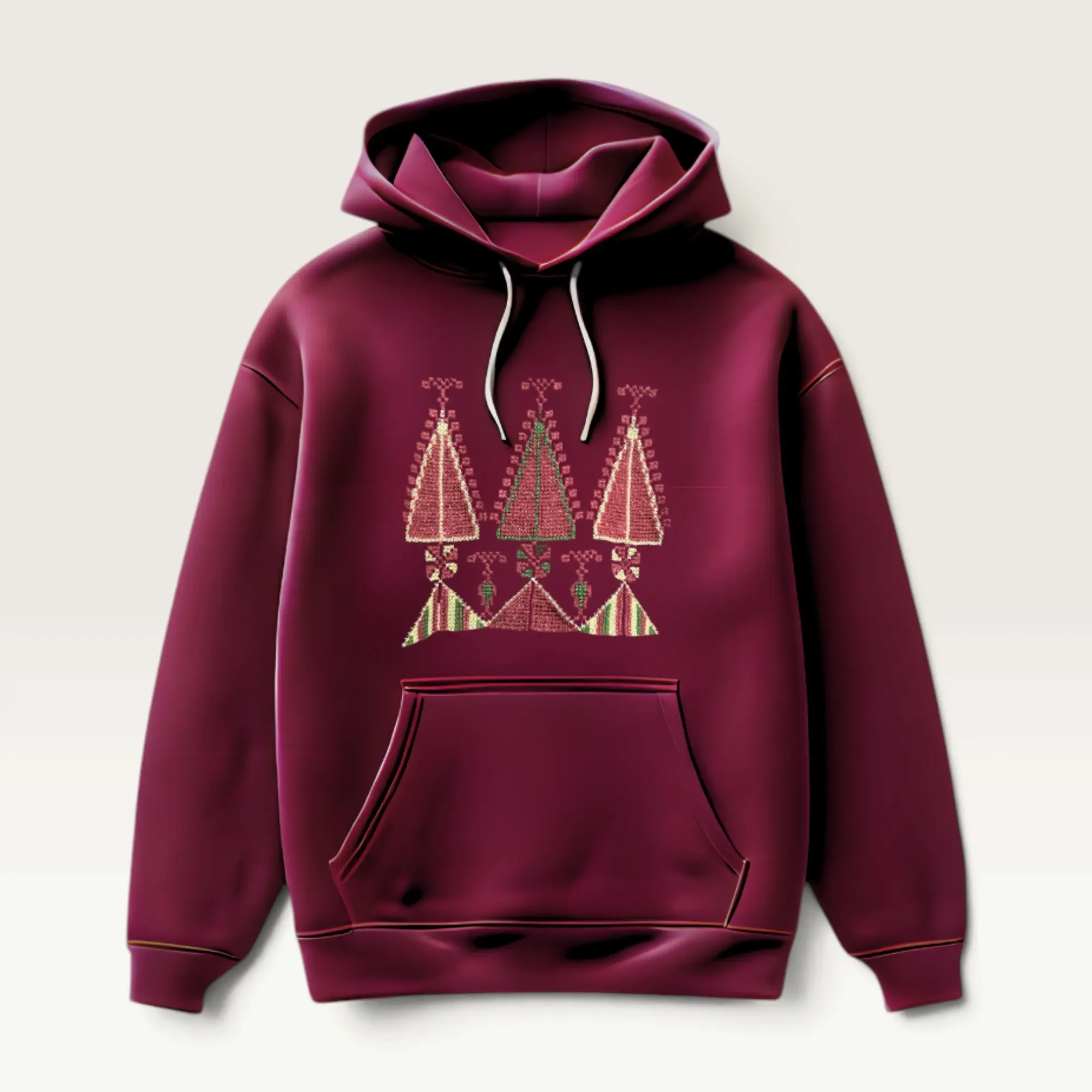 Hand-Embroidered Burgundy Hoodie with Beige Heritage Motif