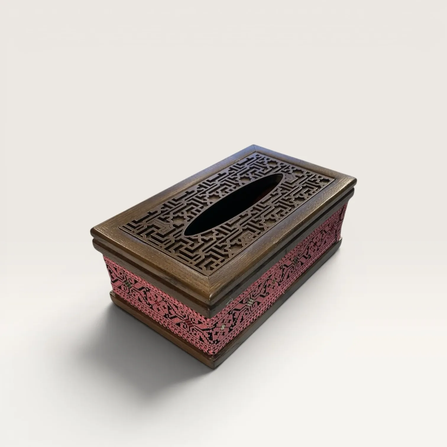 Handmade Embroidered Solid Oak Wood Tissue Box Cover Pink 23.5x11.5cm