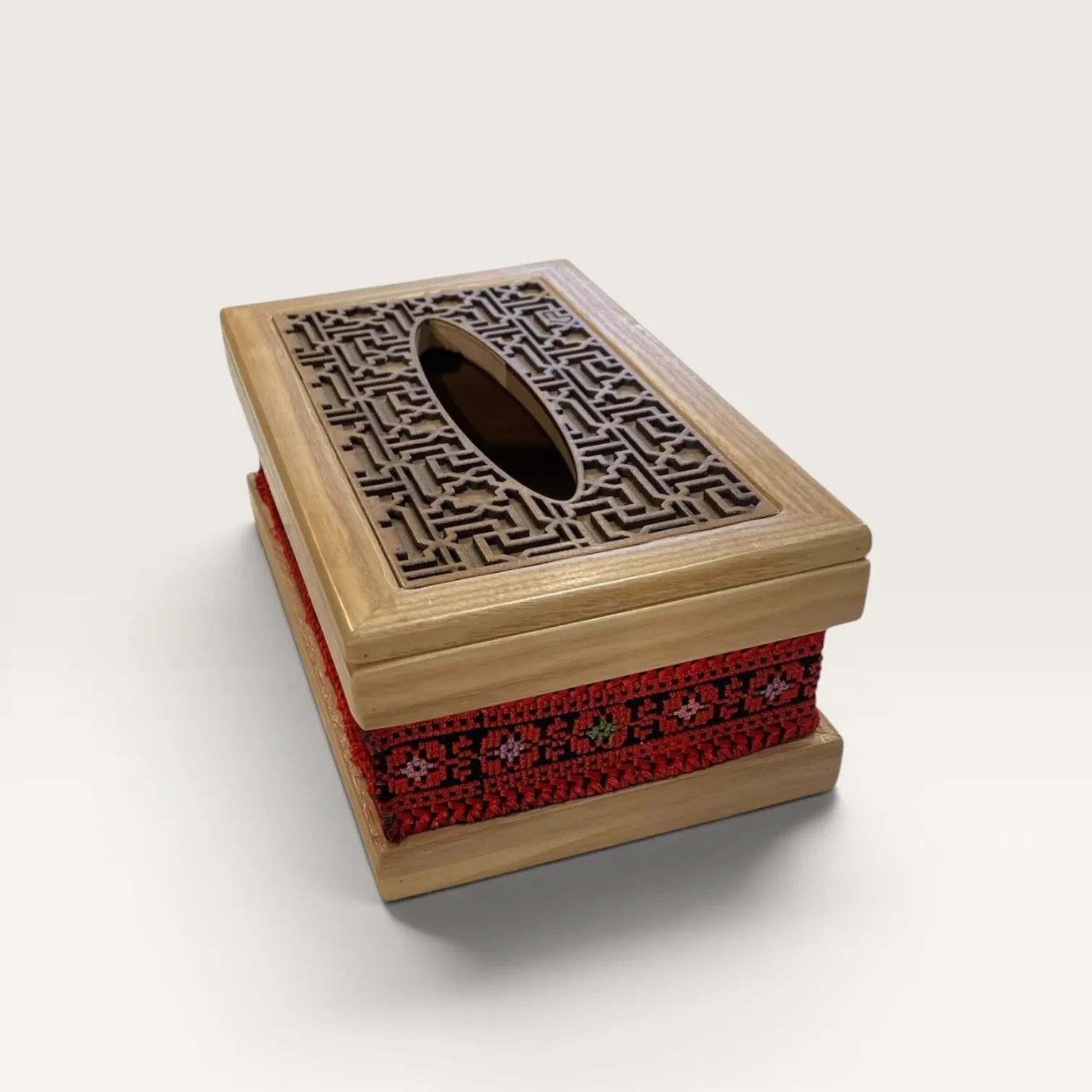 Handmade Embroidered Solid Oak Wood Tissue Box Cover Red 23.5x11.5cm
