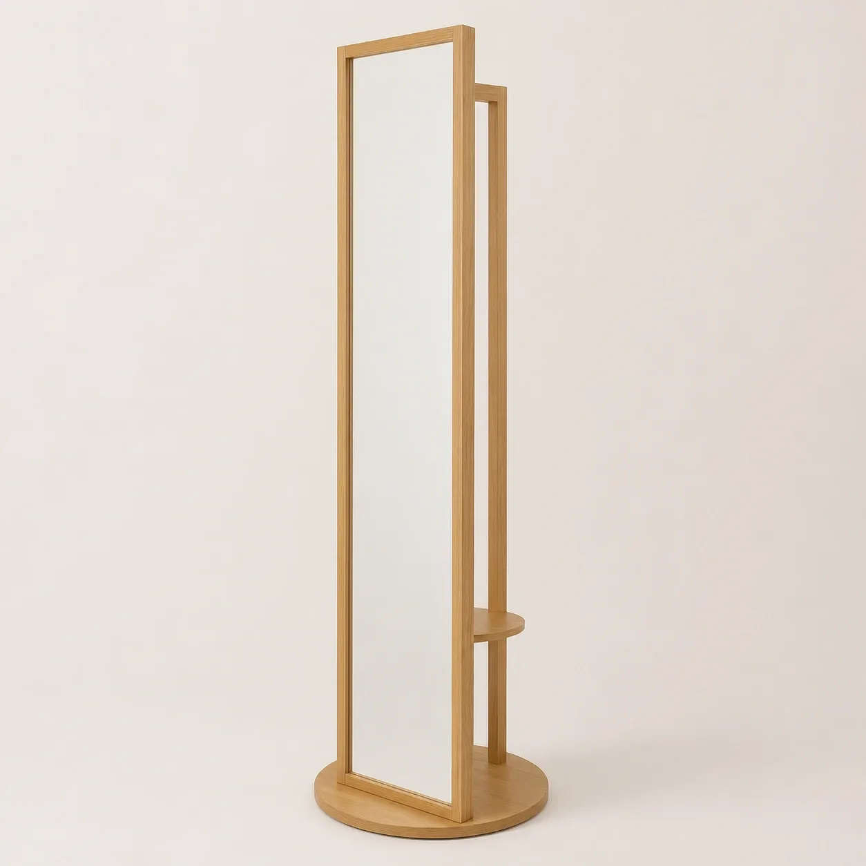 Handmade Rotating Full Length Oak Wood Mirror Stand Beige 177cm
