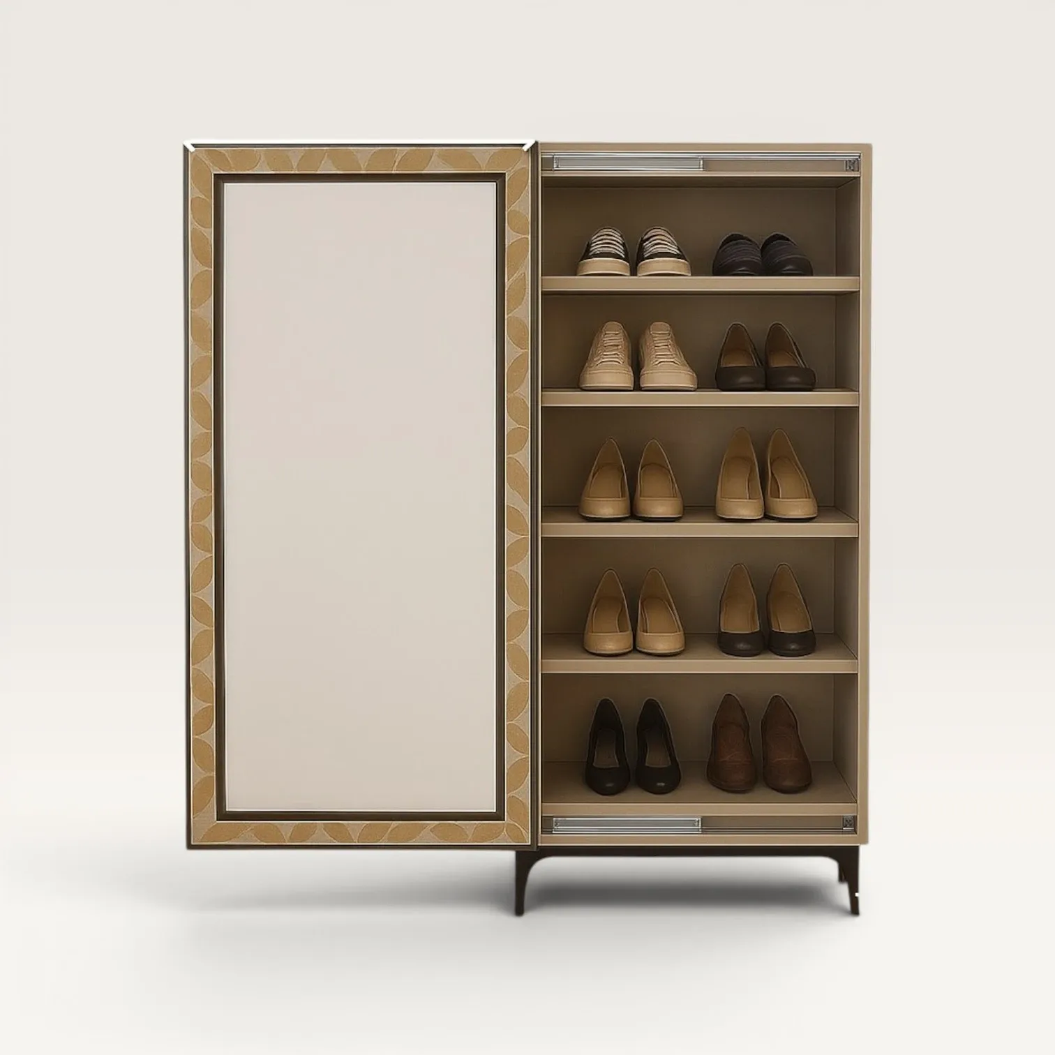 Handmade Aura Wood Shoe Cabinet with Full Mirror Gold 155cm