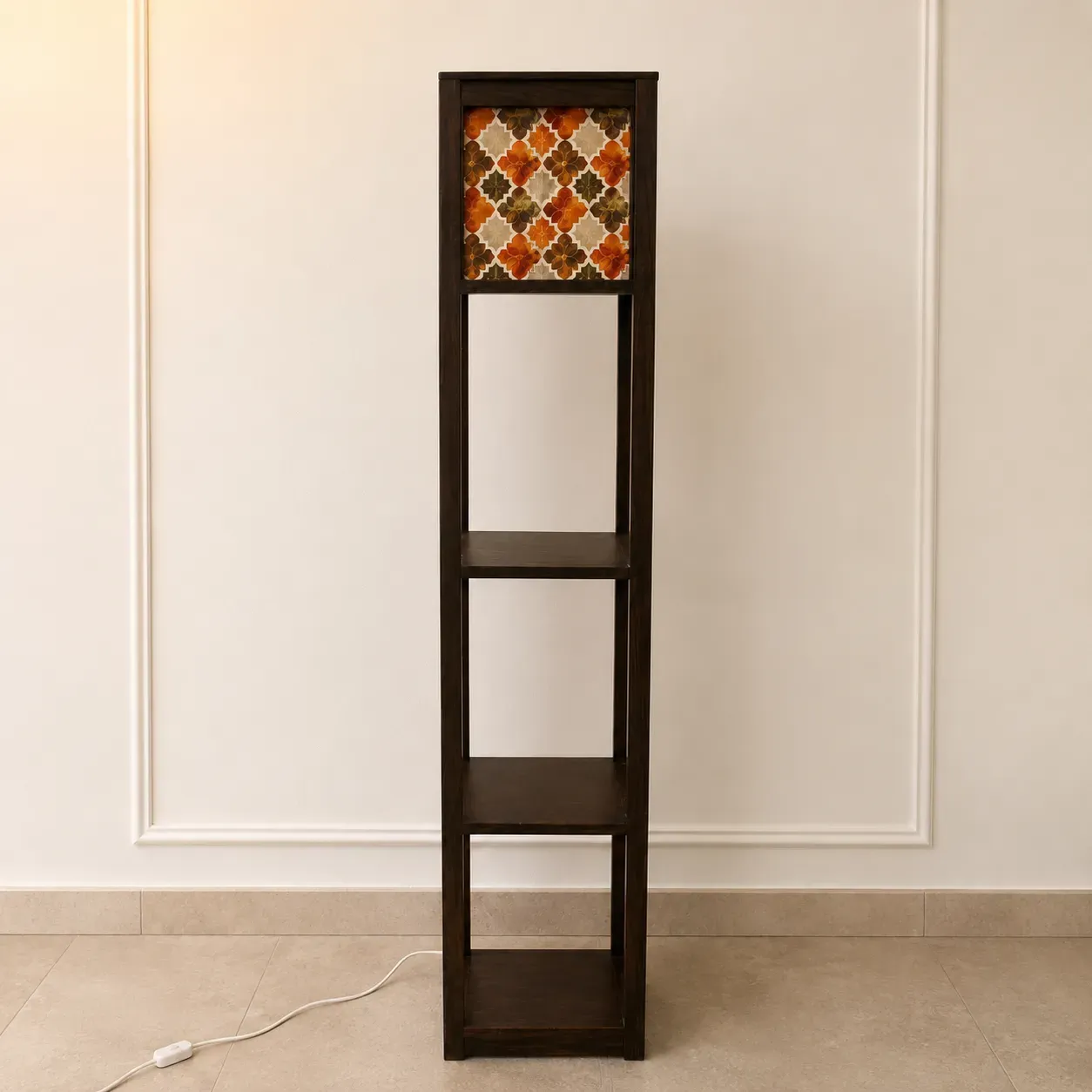 Handmade Oak Floor Lamp with Warm Floral Mosaic Design 150cm
