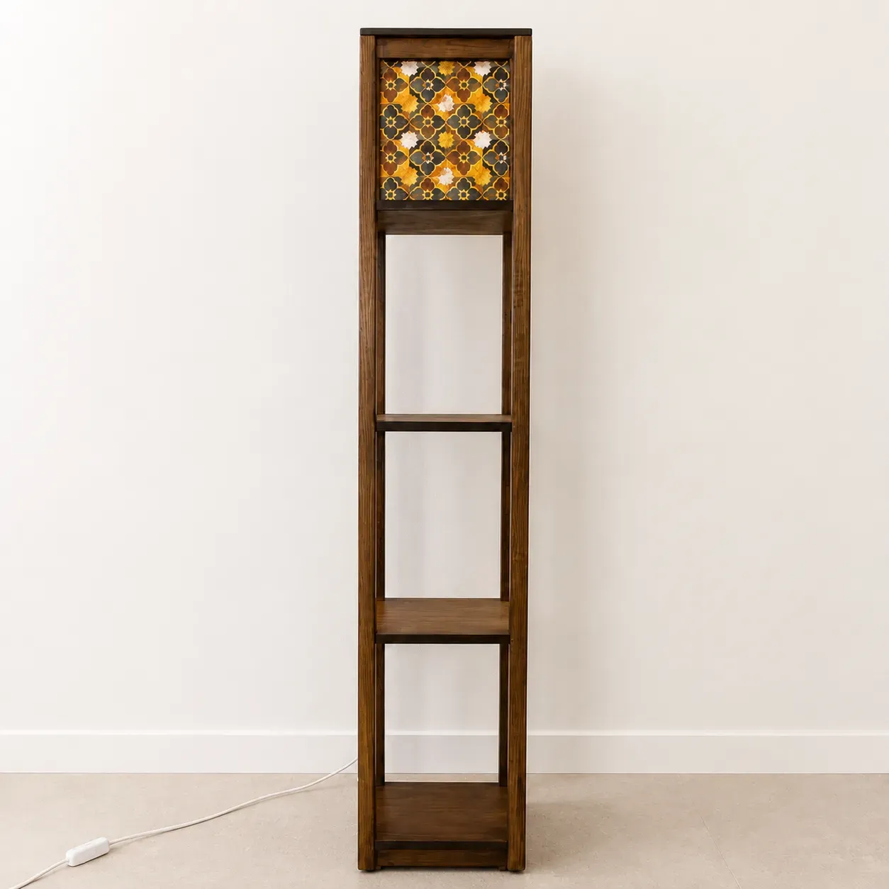 Handmade Oak Floor Lamp with Amber Arabesque Design 150cm