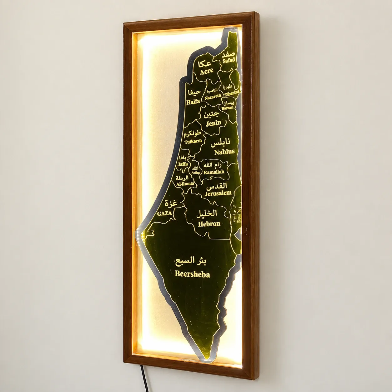 Illuminated Solid Oak Palestine Map Wall Art