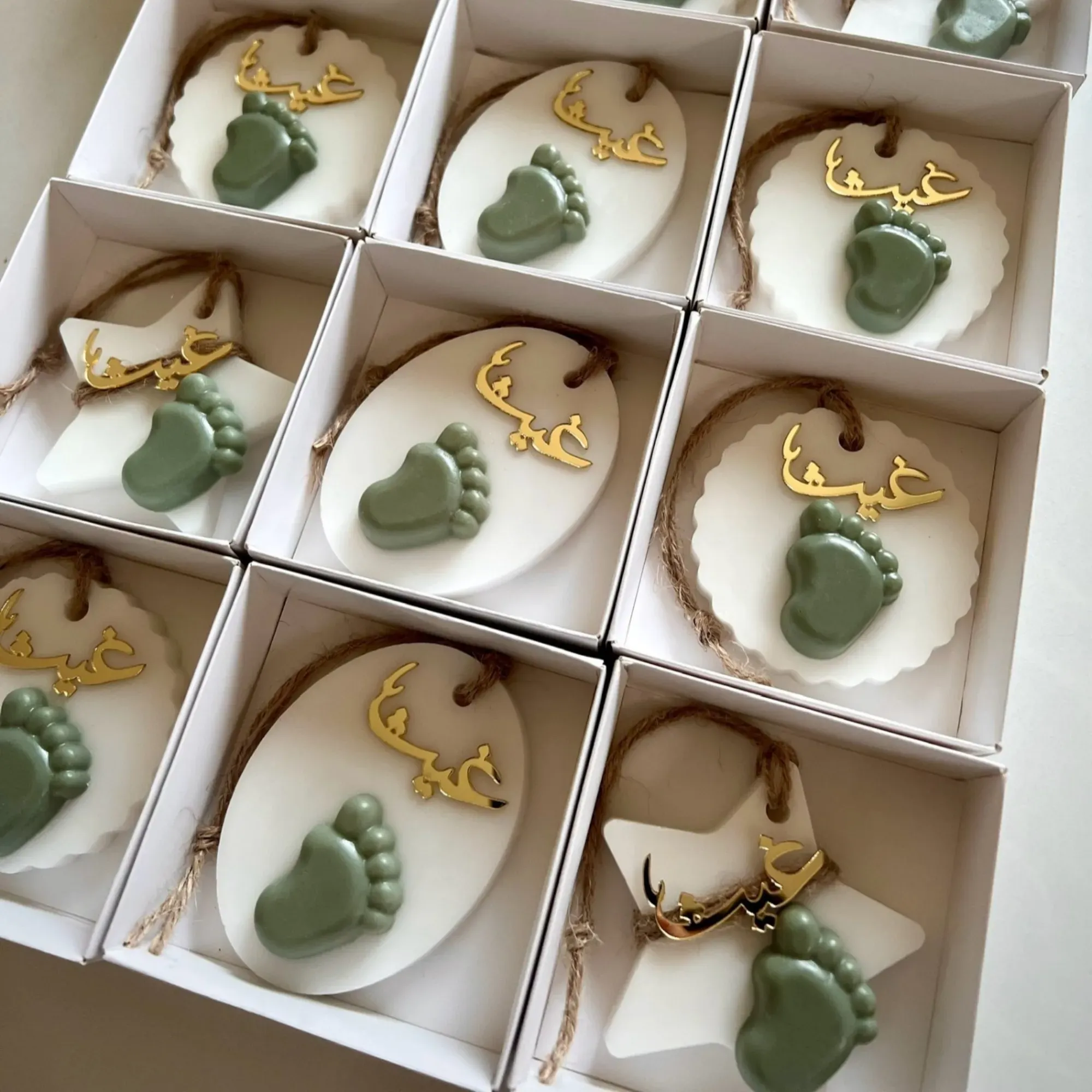 Handmade Personalized Baby Shower Soap Favors with Custom Colors & Scents - Sage Footprint Gold Name