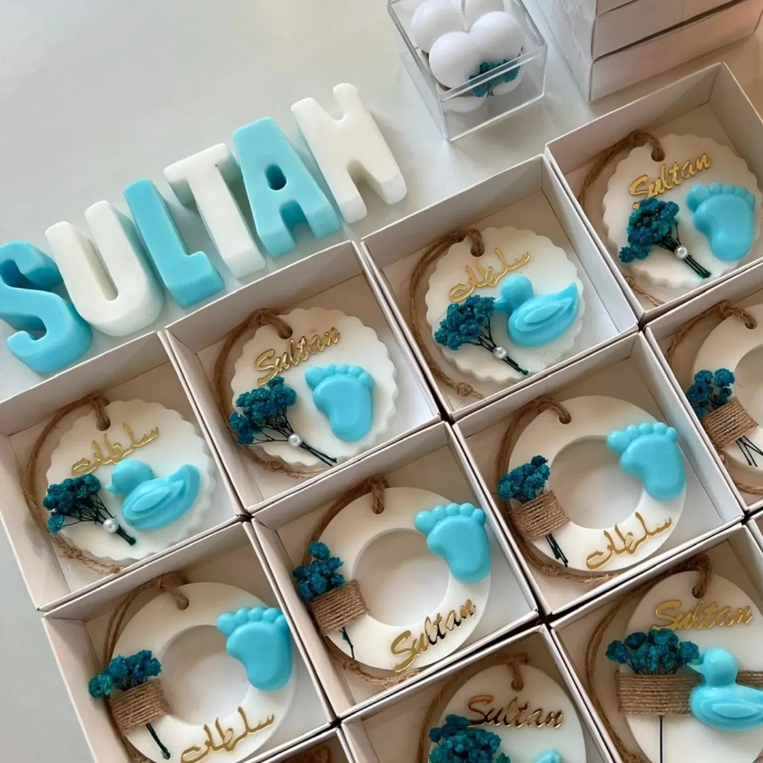 Handmade Personalized Baby Shower Soap Favors with Custom Colors & Scents - Blue Duck & Footprint