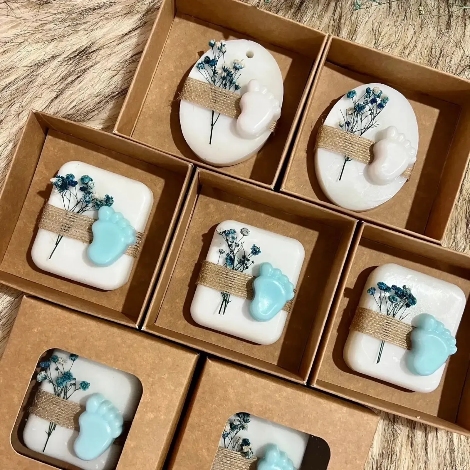 Handmade Personalized Baby Shower Soap Favors with Custom Colors & Scents - Blue Footprint Kraft Box