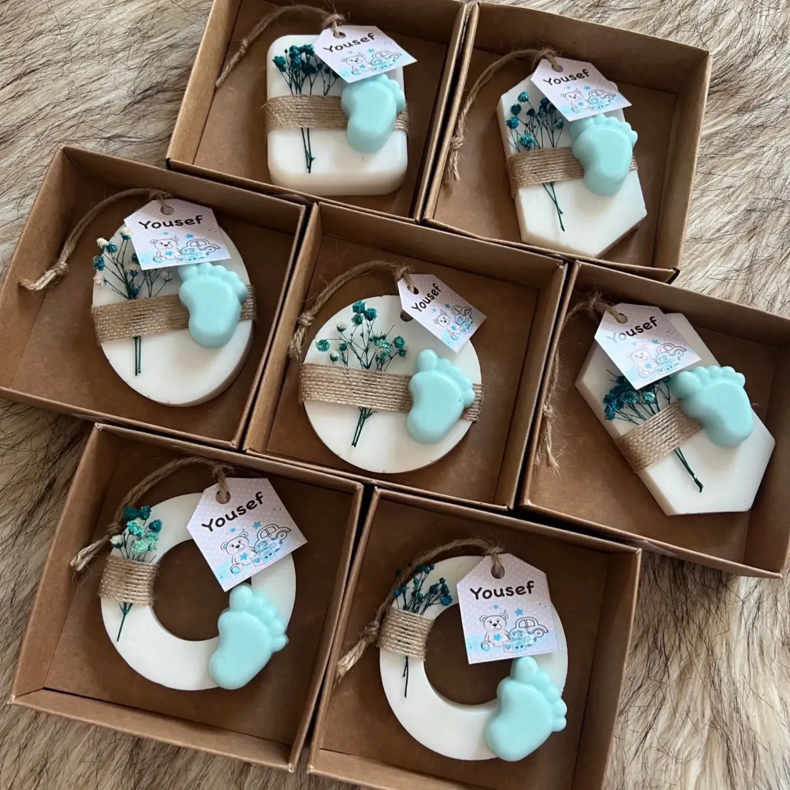 Handmade Personalized Baby Shower Soap Favors with Custom Colors & Scents - Blue Footprint Tag