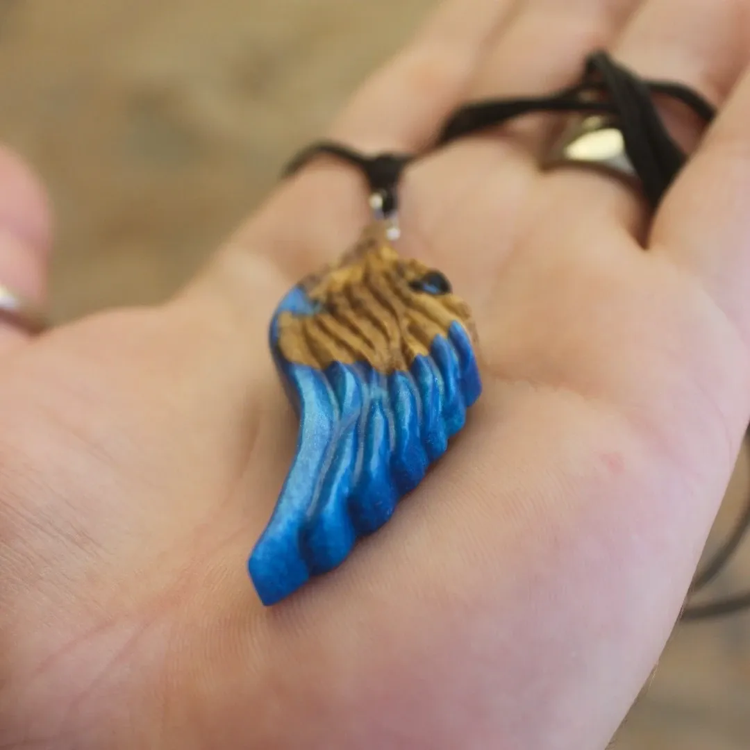 Angel Wing Olive Wood Blue Epoxy Handmade Pendant Necklace