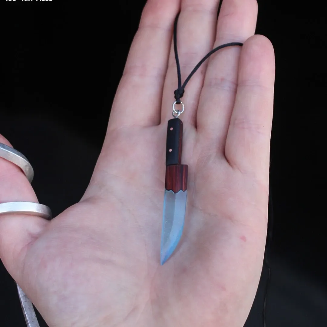Knife Pendant Organic Wood Blue Epoxy Handmade Necklace