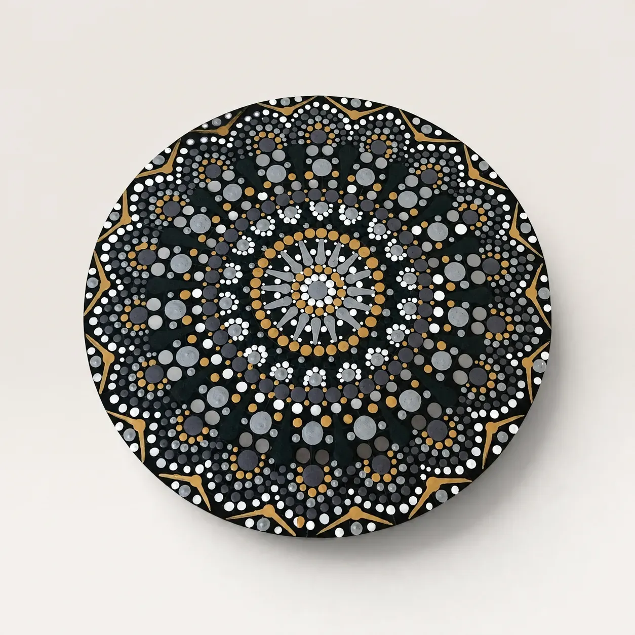 Hand-Painted Round Mandala Wall Art in Charcoal and Gold – Multiple Sizes