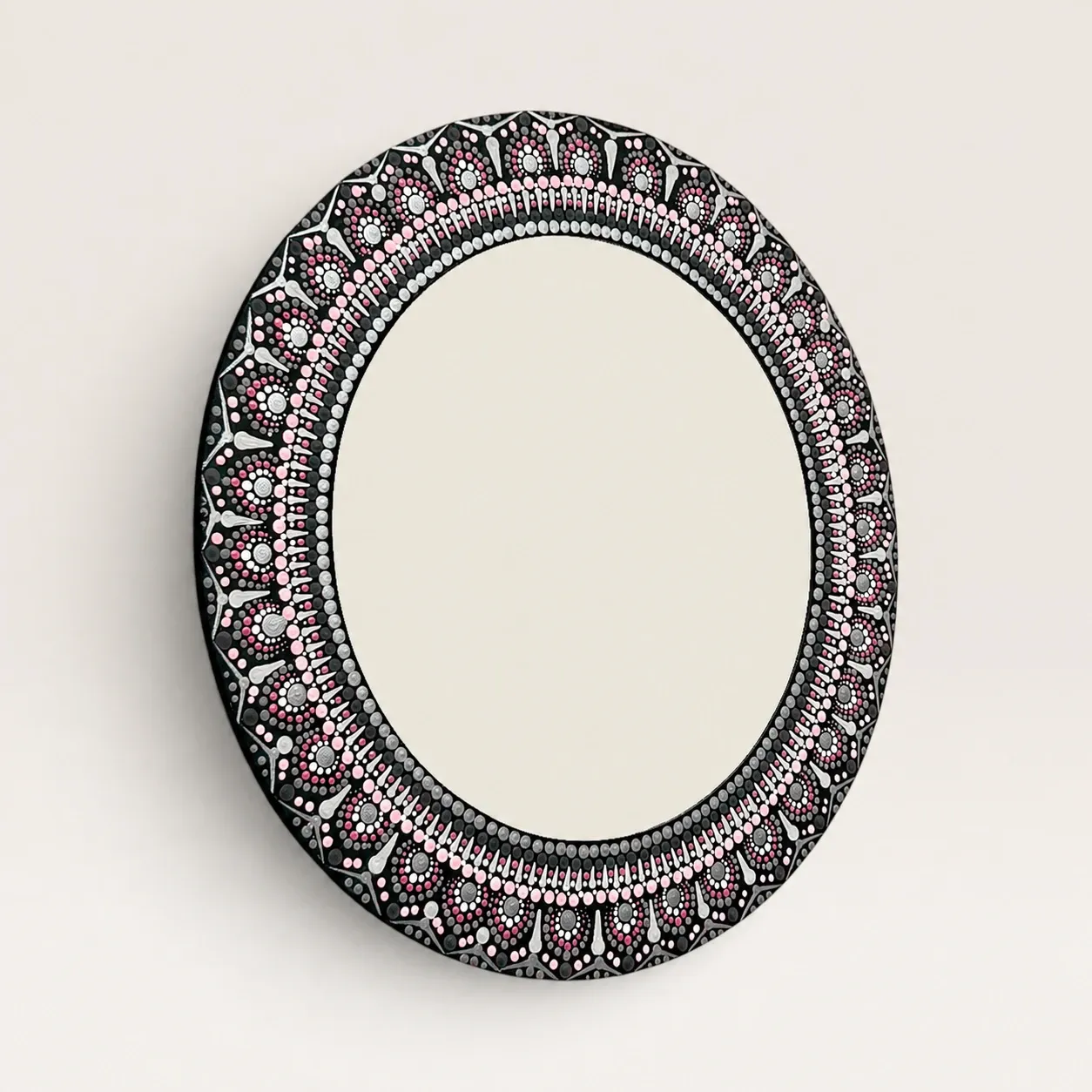 Hand-Painted Oval Mandala Mirror in Rose Pink and Silver – Multiple Sizes