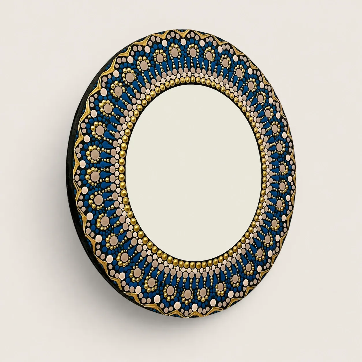 Hand-Painted Oval Mandala Mirror in Navy Blue and Gold – Multiple Sizes