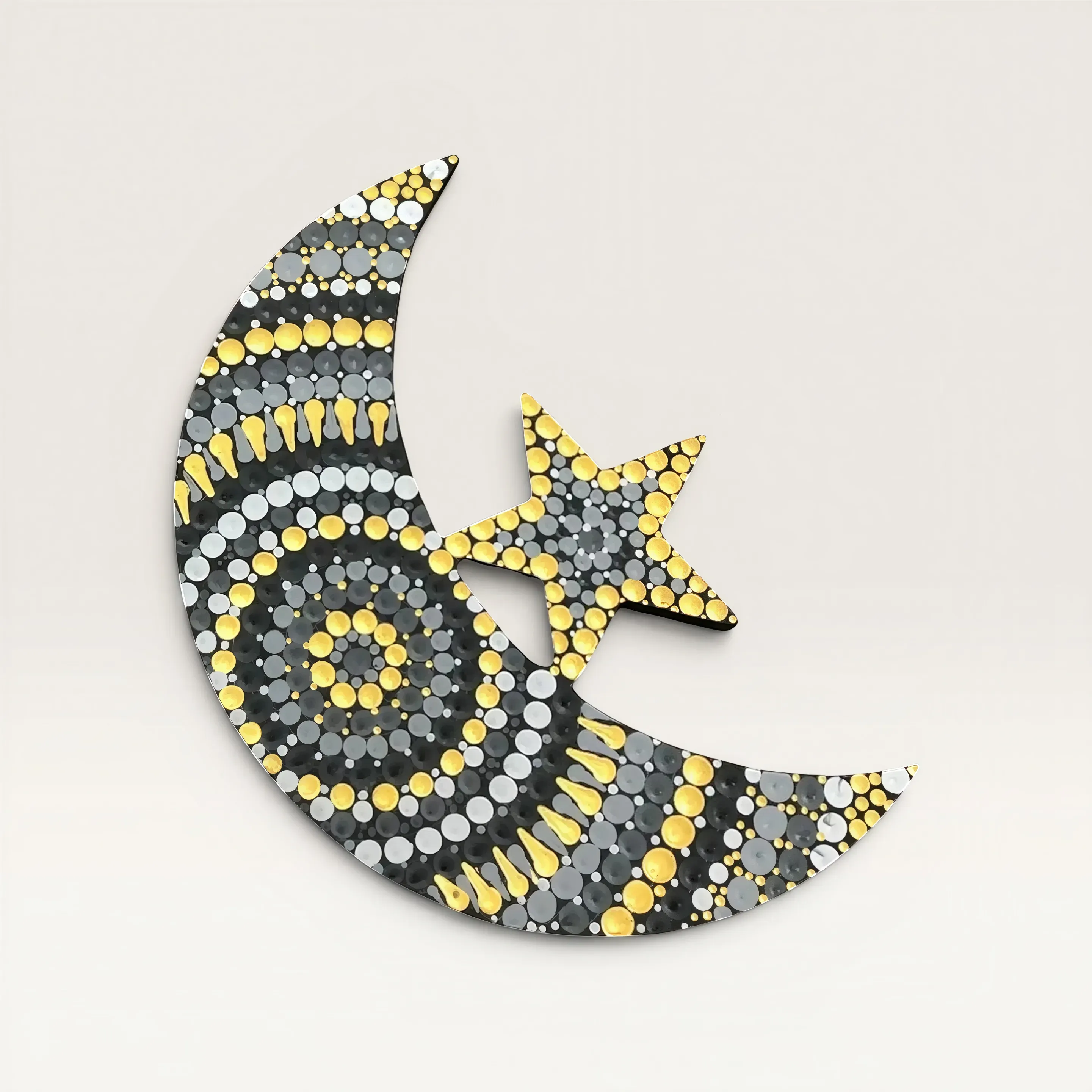 Hand-Painted Crescent and Star Ramadan Decor in Gray and Yellow – Two Sizes