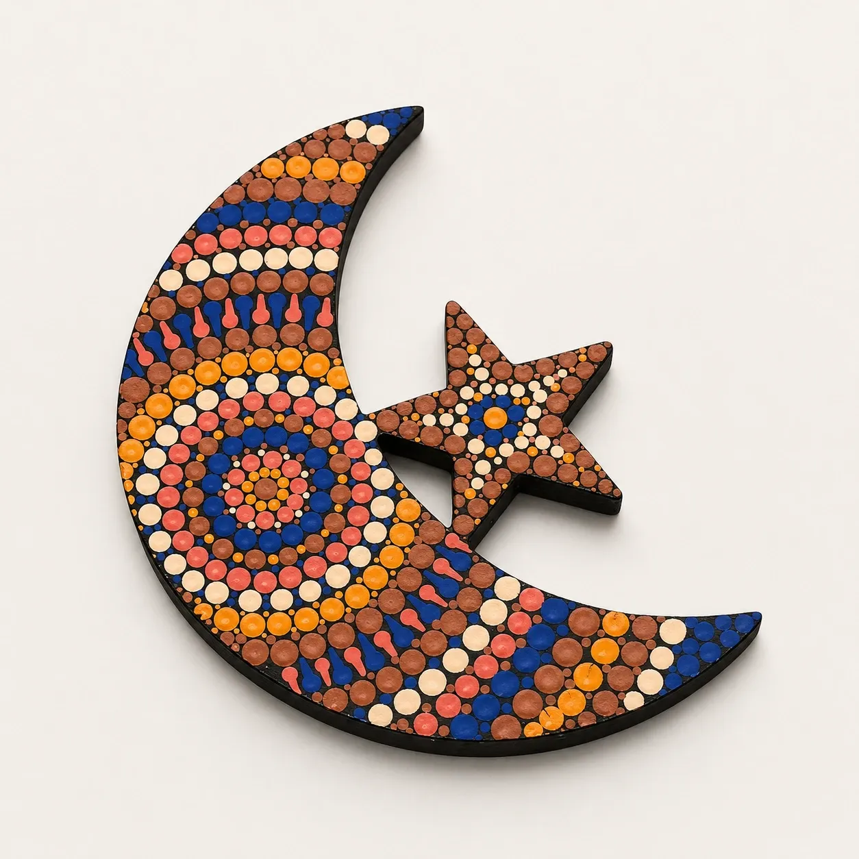 Hand-Painted Crescent and Star Ramadan Decor in Coral and Blue – Two Sizes