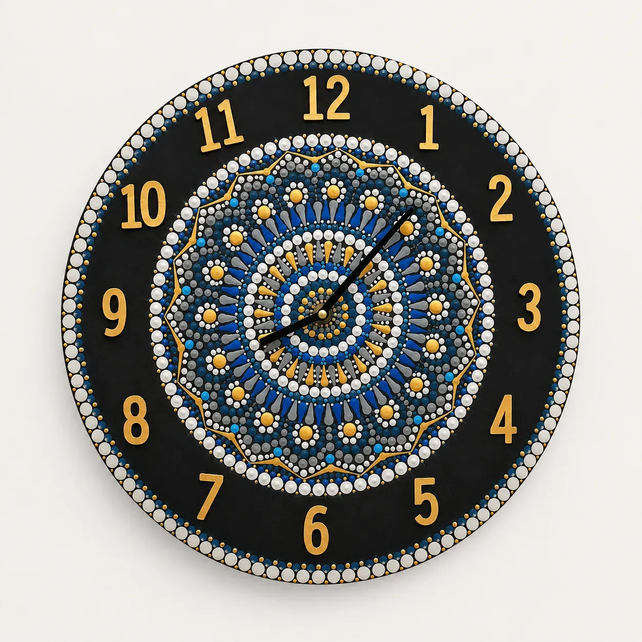 Black Mandala Wall Clock with Blue and Gold Center – Multiple Sizes