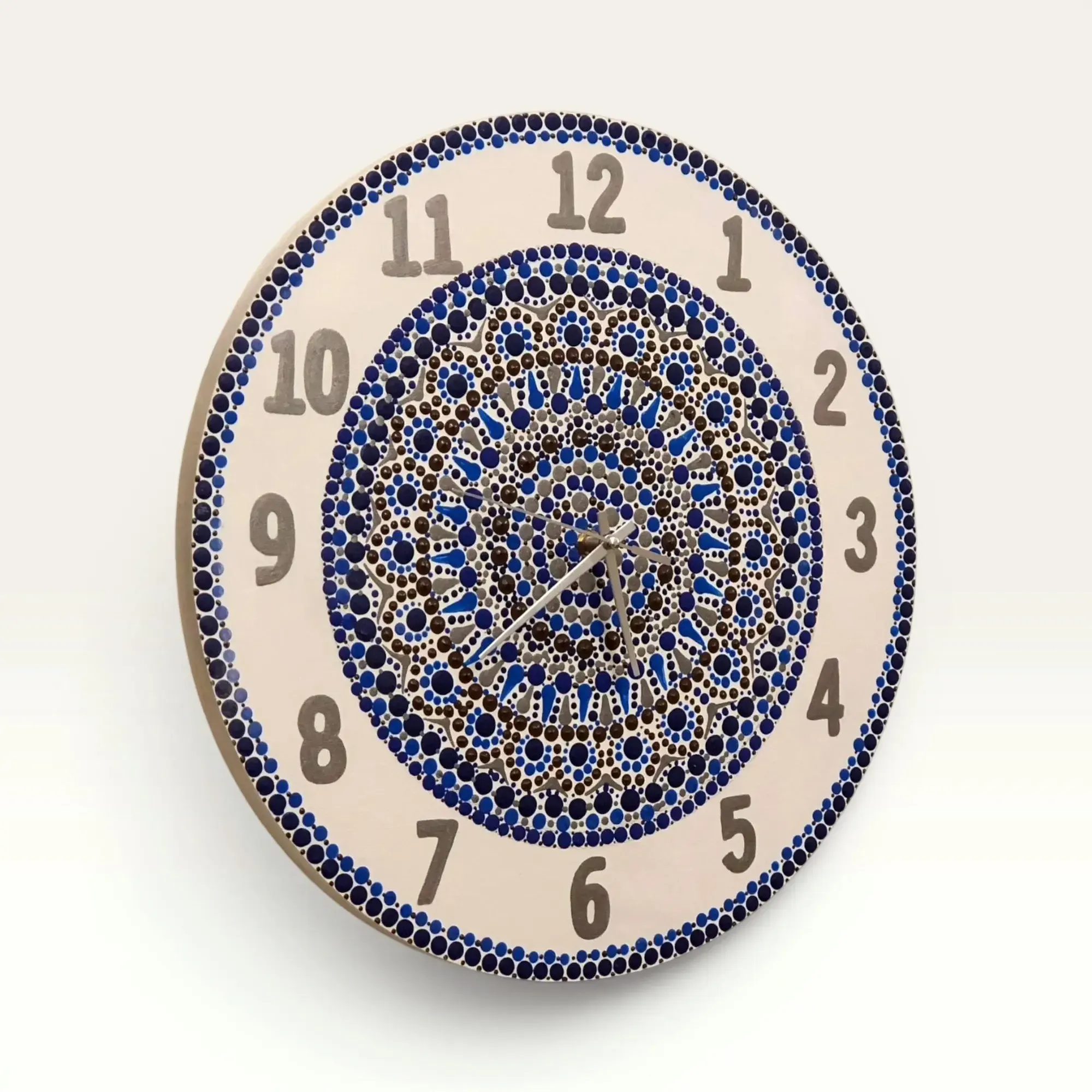 Hand-Painted White Mandala Wall Clock with Blue Dot Pattern – Multiple Sizes