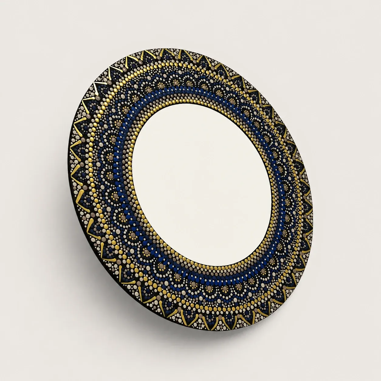 Hand-Painted Oval Mandala Mirror in Deep Blue and Gold – Multiple Sizes