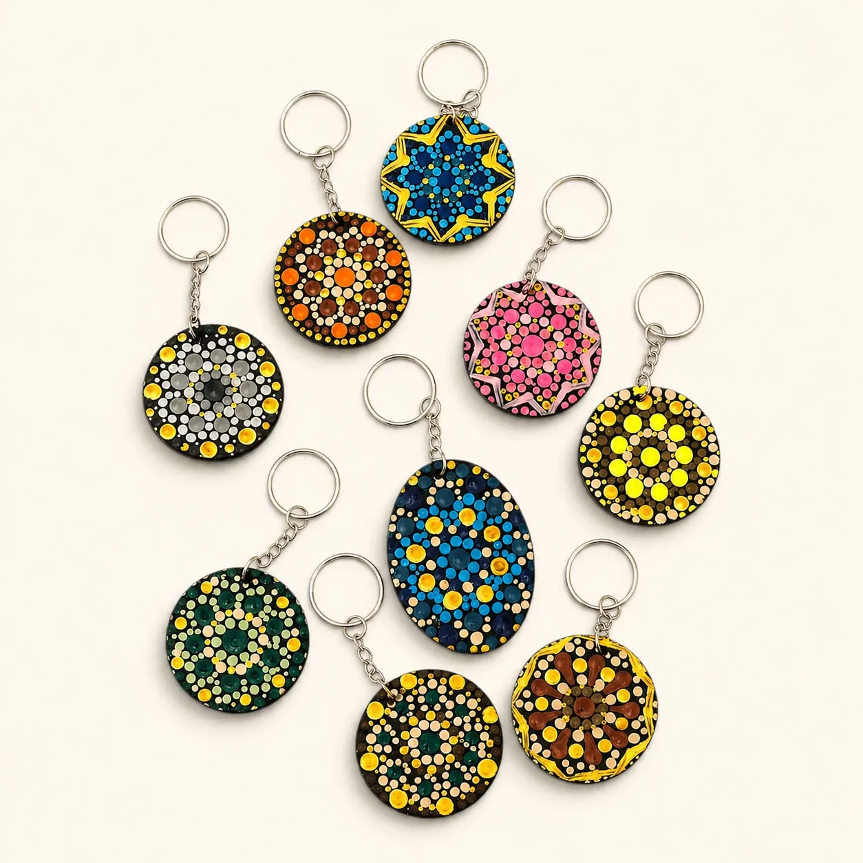 Hand-Painted Wooden Mandala Keychain in Assorted Designs