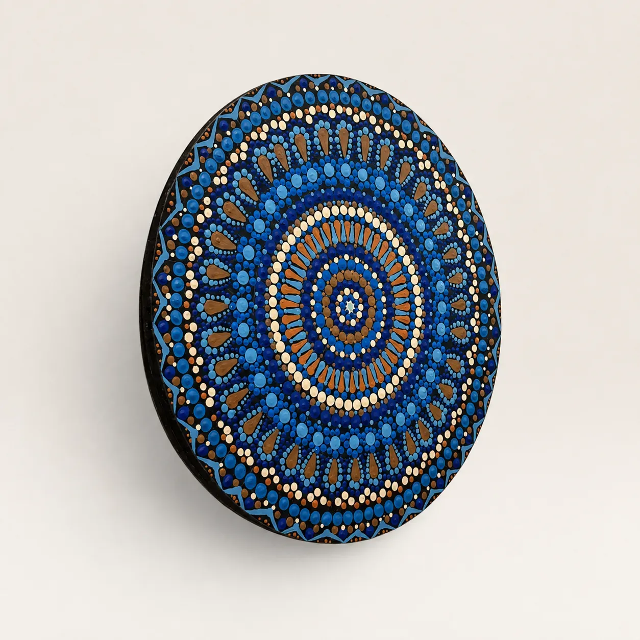 Hand-Painted Round Mandala Wall Art in Blue and Copper – Multiple Sizes