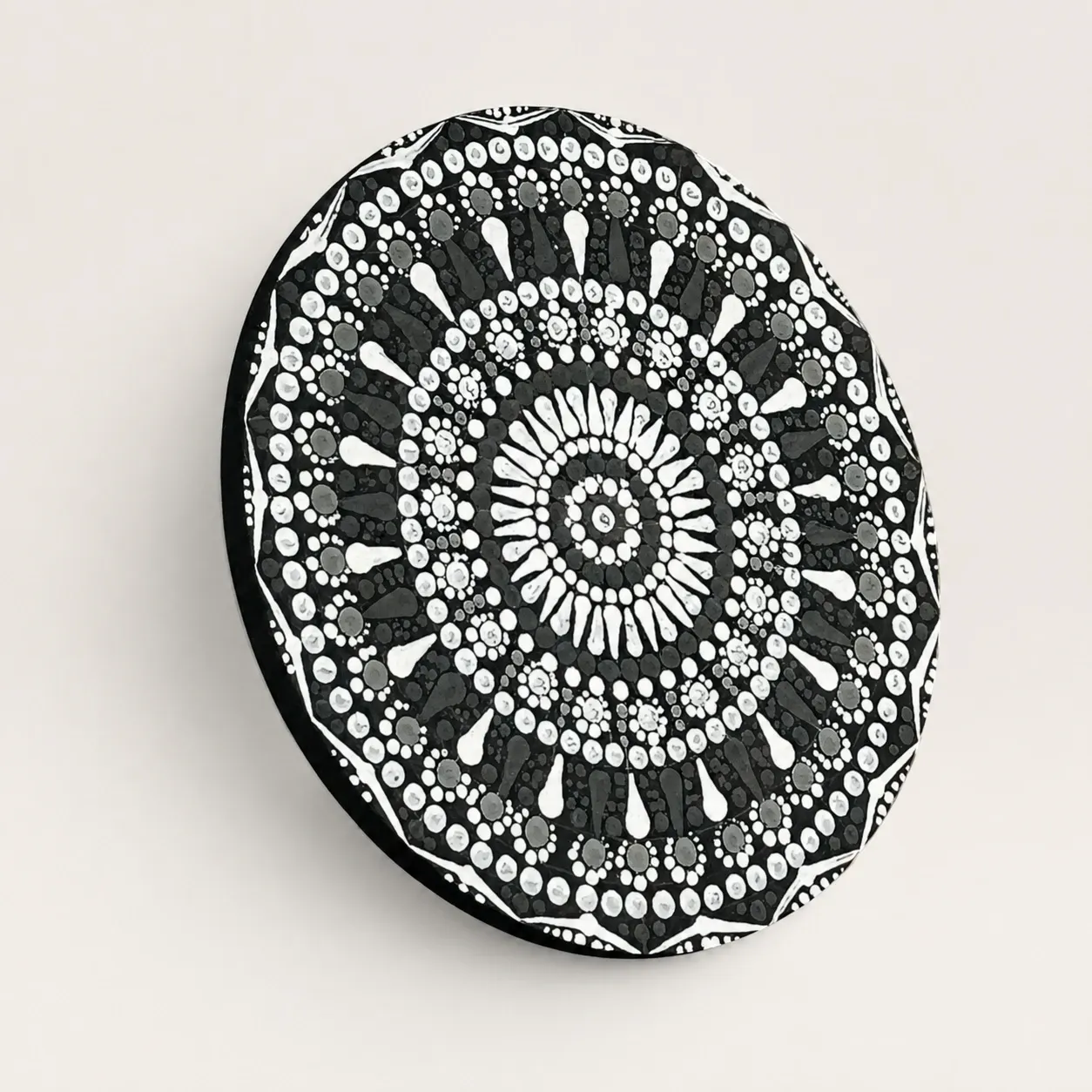 Hand-Painted Round Mandala Wall Art in Black and White – Multiple Sizes