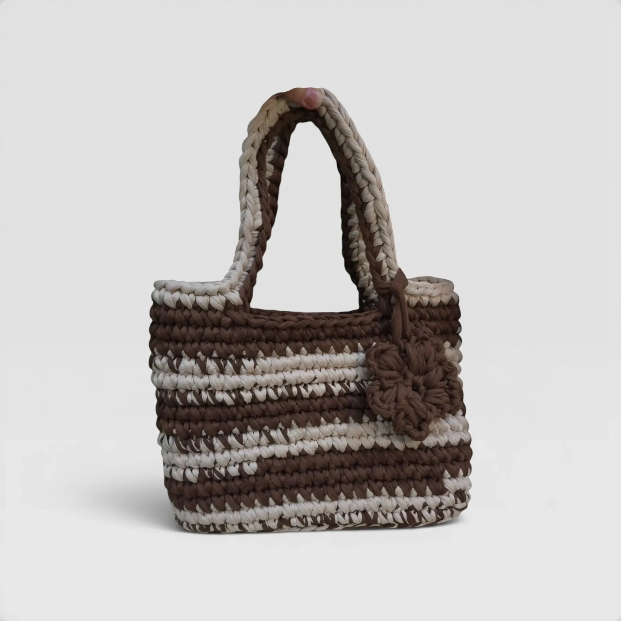 Handmade Large Brown Beige Crochet Tote Bag in Eco T-Shirt Yarn