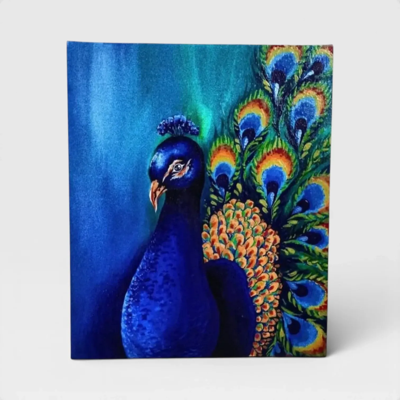 Hand-Painted Peacock Canvas Wall Art with Royal Blue Tones