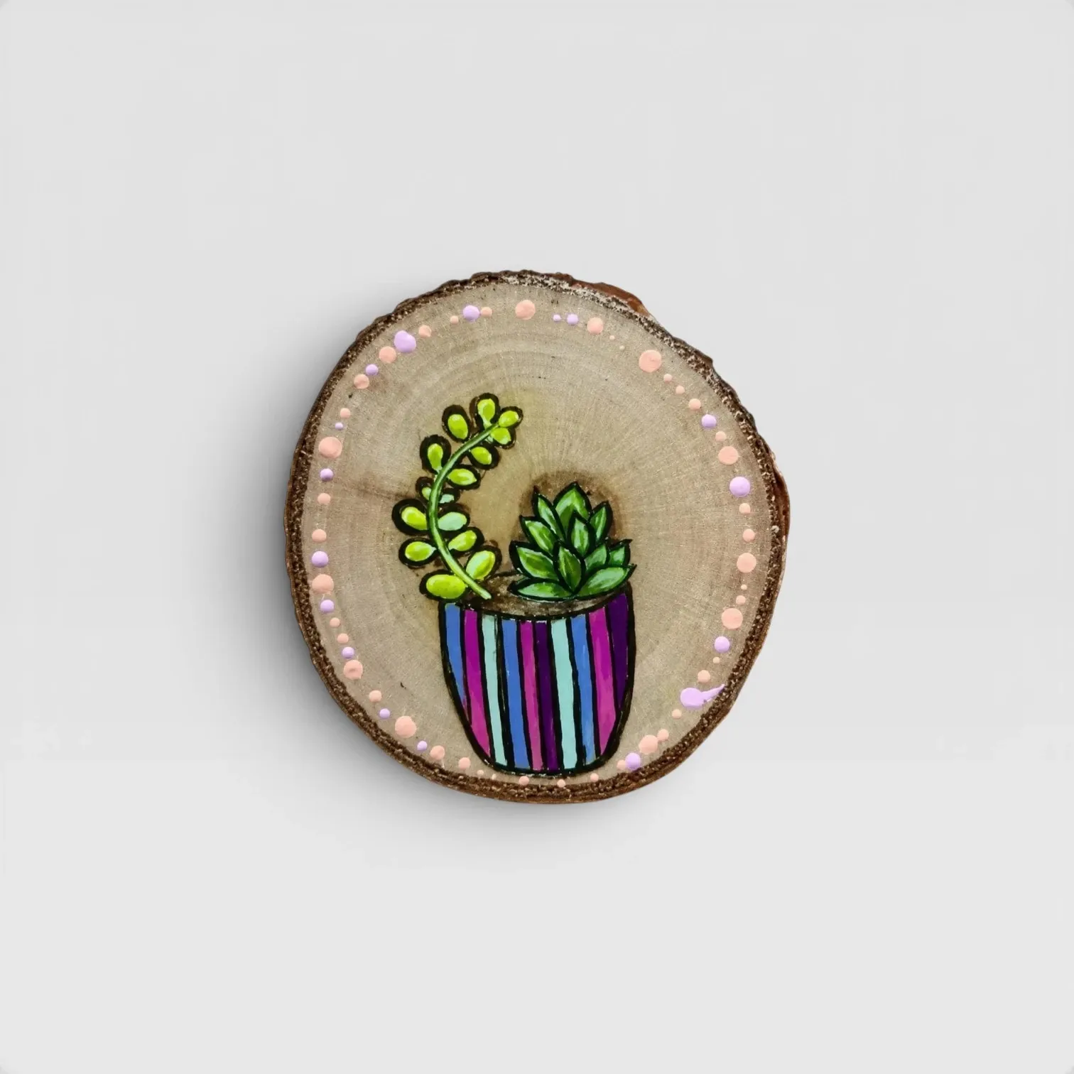 Hand-Painted Plant Wooden Piece for Wall Decor or Coaster