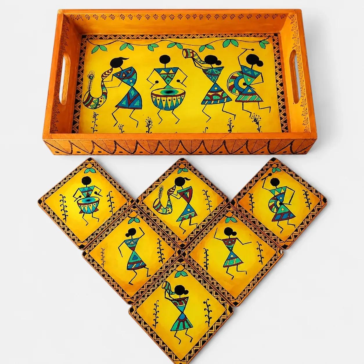 Hand-Painted African Wooden Tray Set with Six Coasters Decor