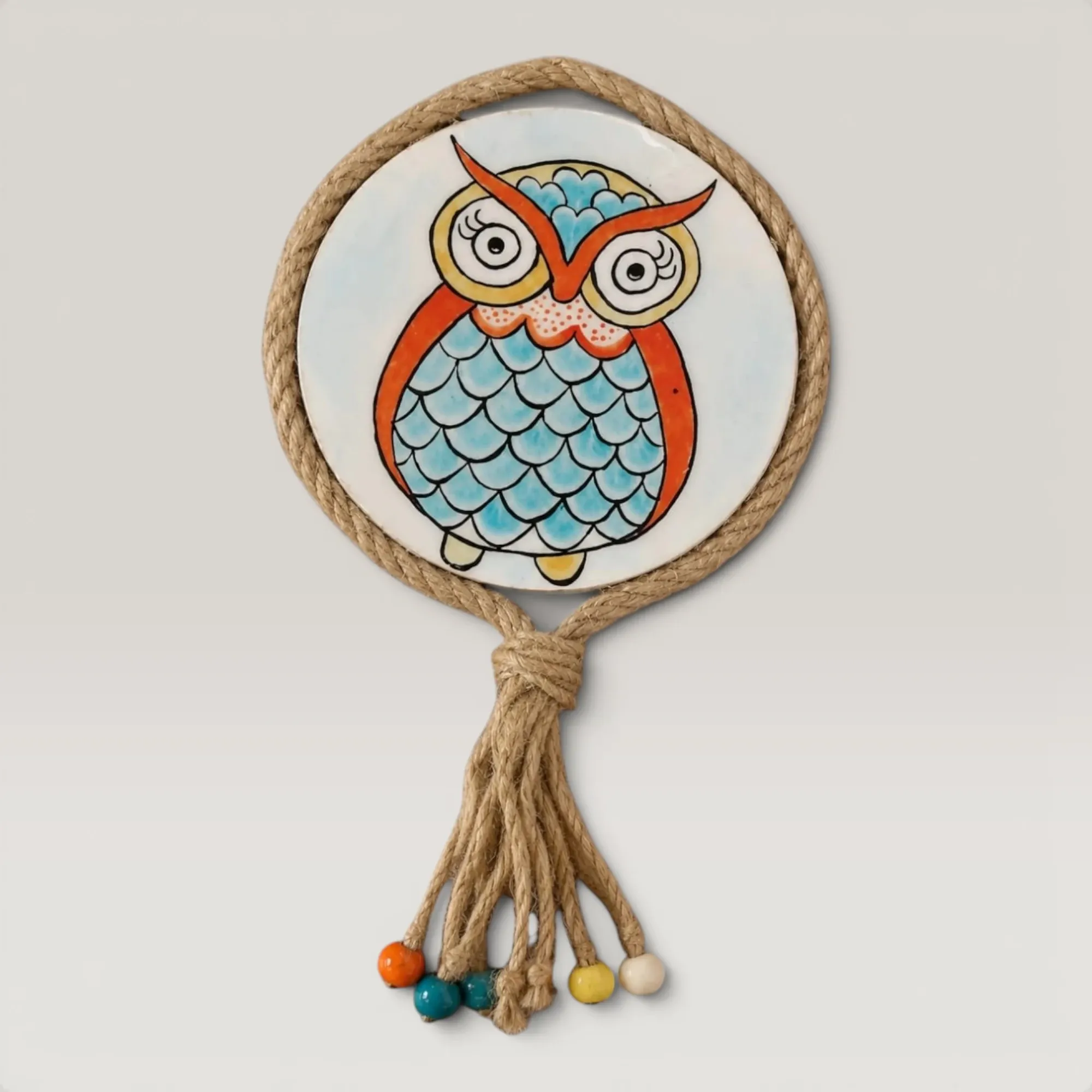Orange Colorful Owl Hand-Painted Round Wooden Wall Art Decor