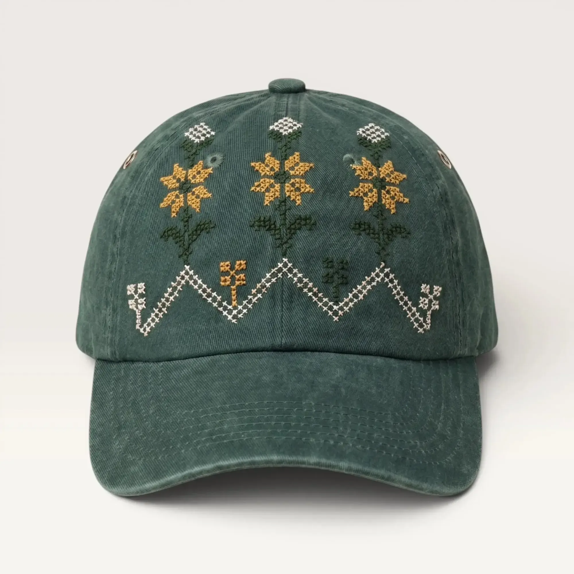 Ward al-Balad Green Hand-Embroidered Cap by Boqaa Heritage Design