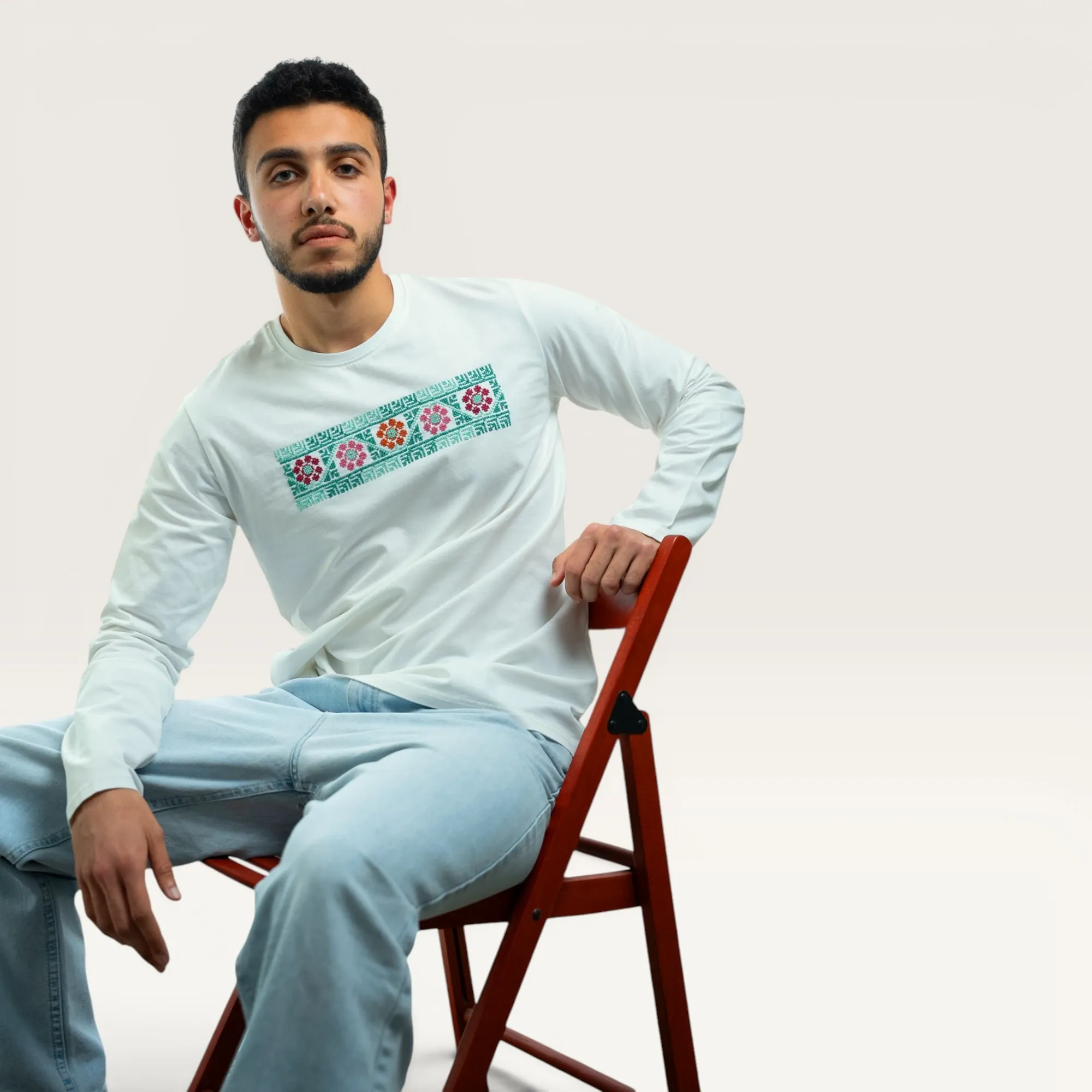 Fairuz Hand-Embroidered Long Sleeve T-Shirt with Size Options
