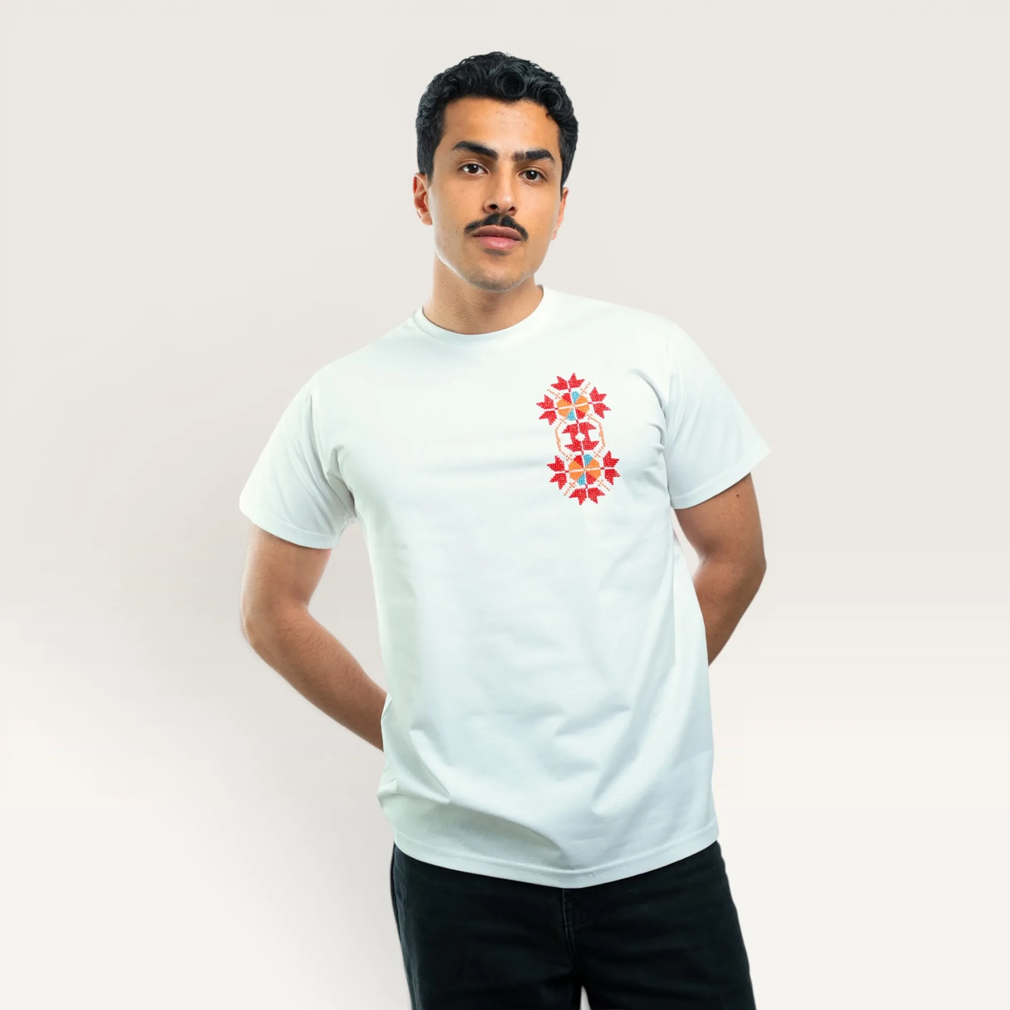 Bir Saba'a Azhar Flower Hand-Embroidered T-Shirt with Size Options