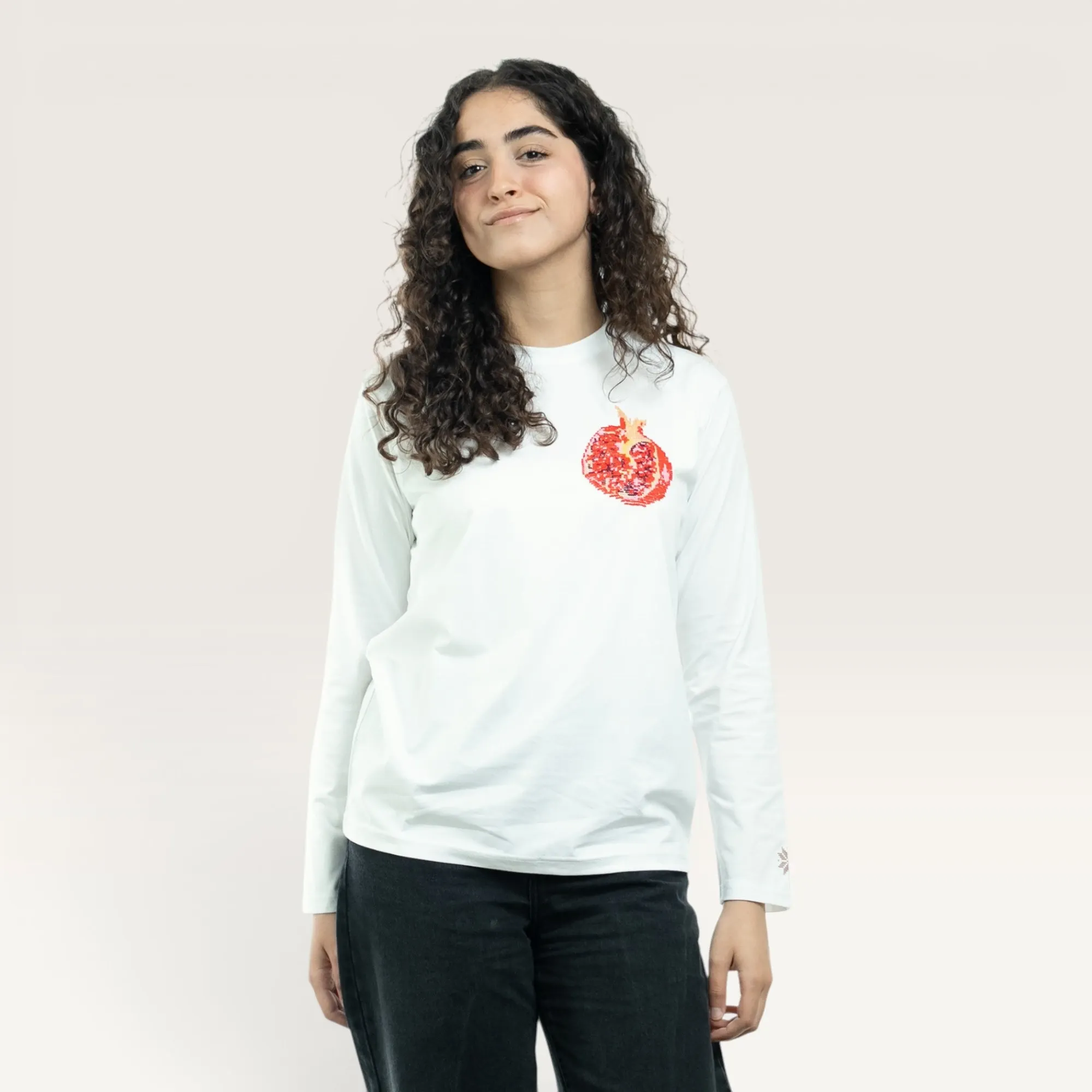 Rumman Hand-Embroidered Long Sleeve T-Shirt with Size Options