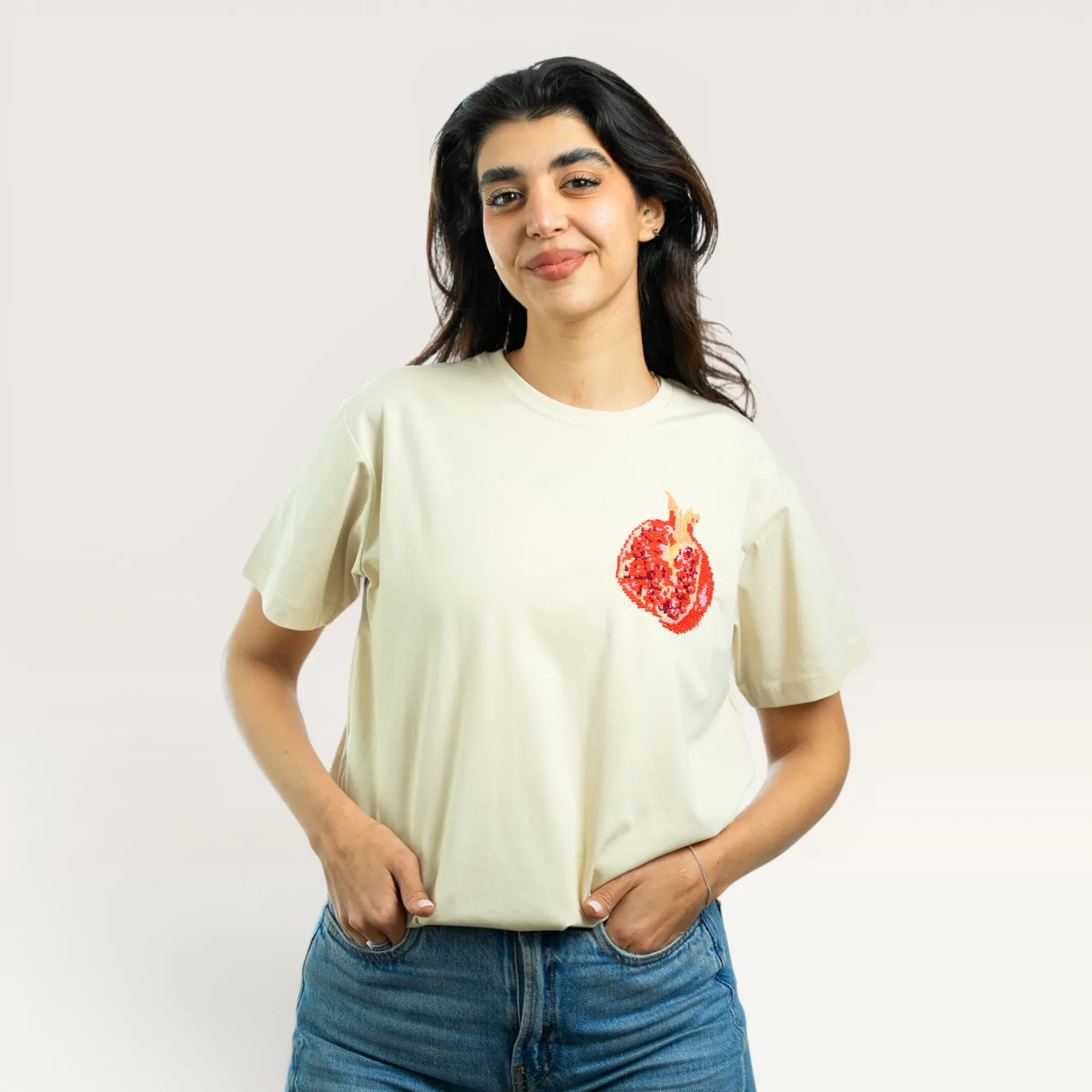 Rumman Beige Hand-Embroidered T-Shirt with Size Options