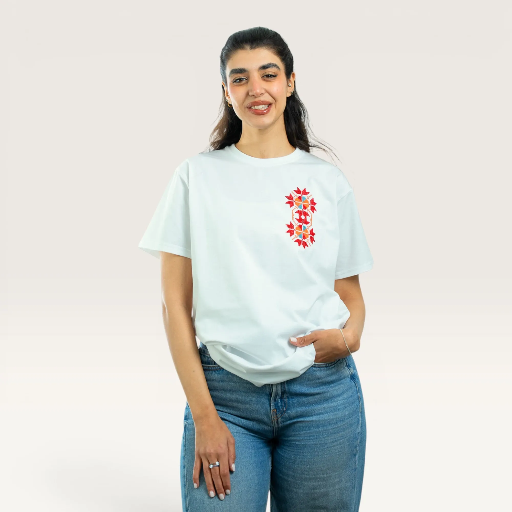 Bir Saba'a Azhar Flower Hand-Embroidered T-Shirt with Size Options